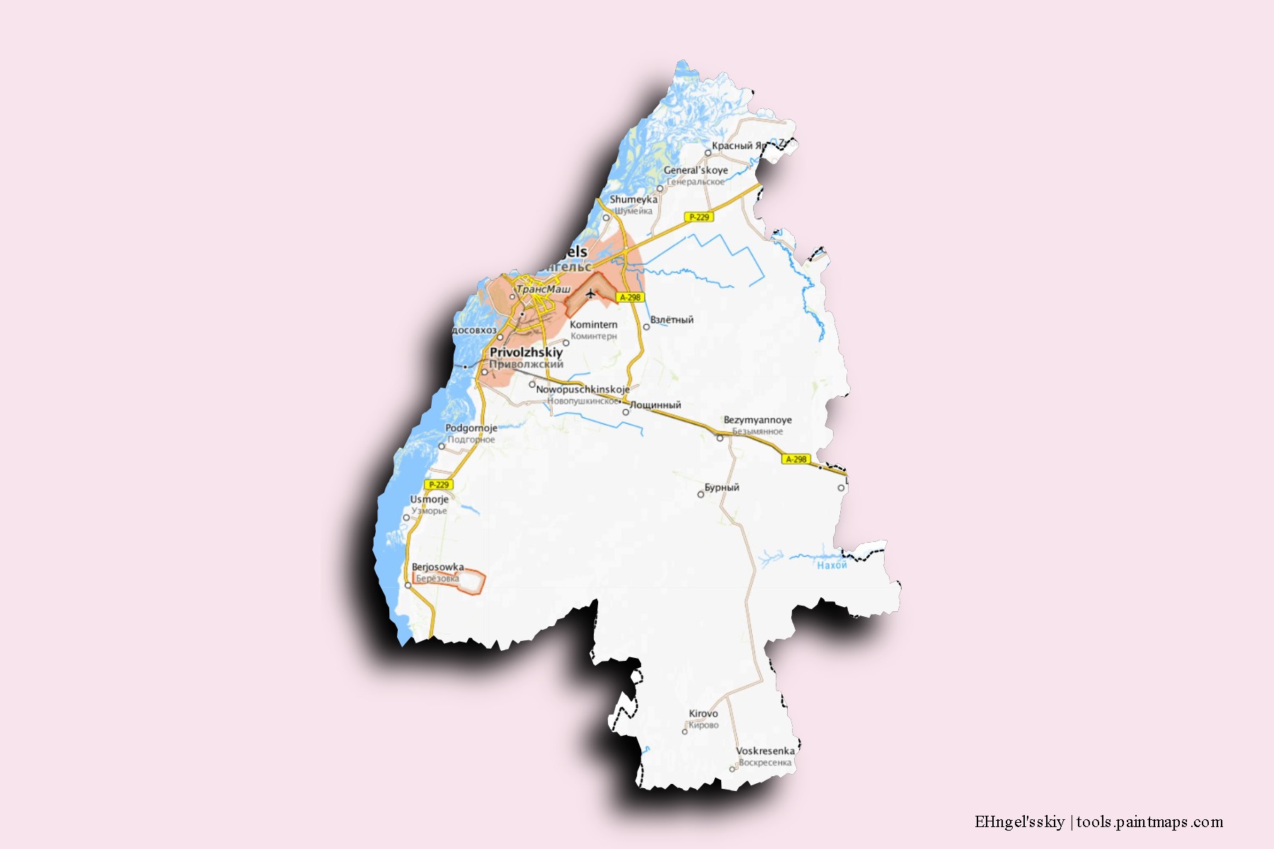 Mapa de barrios y pueblos de EHngel'sskiy con efecto de sombra 3D