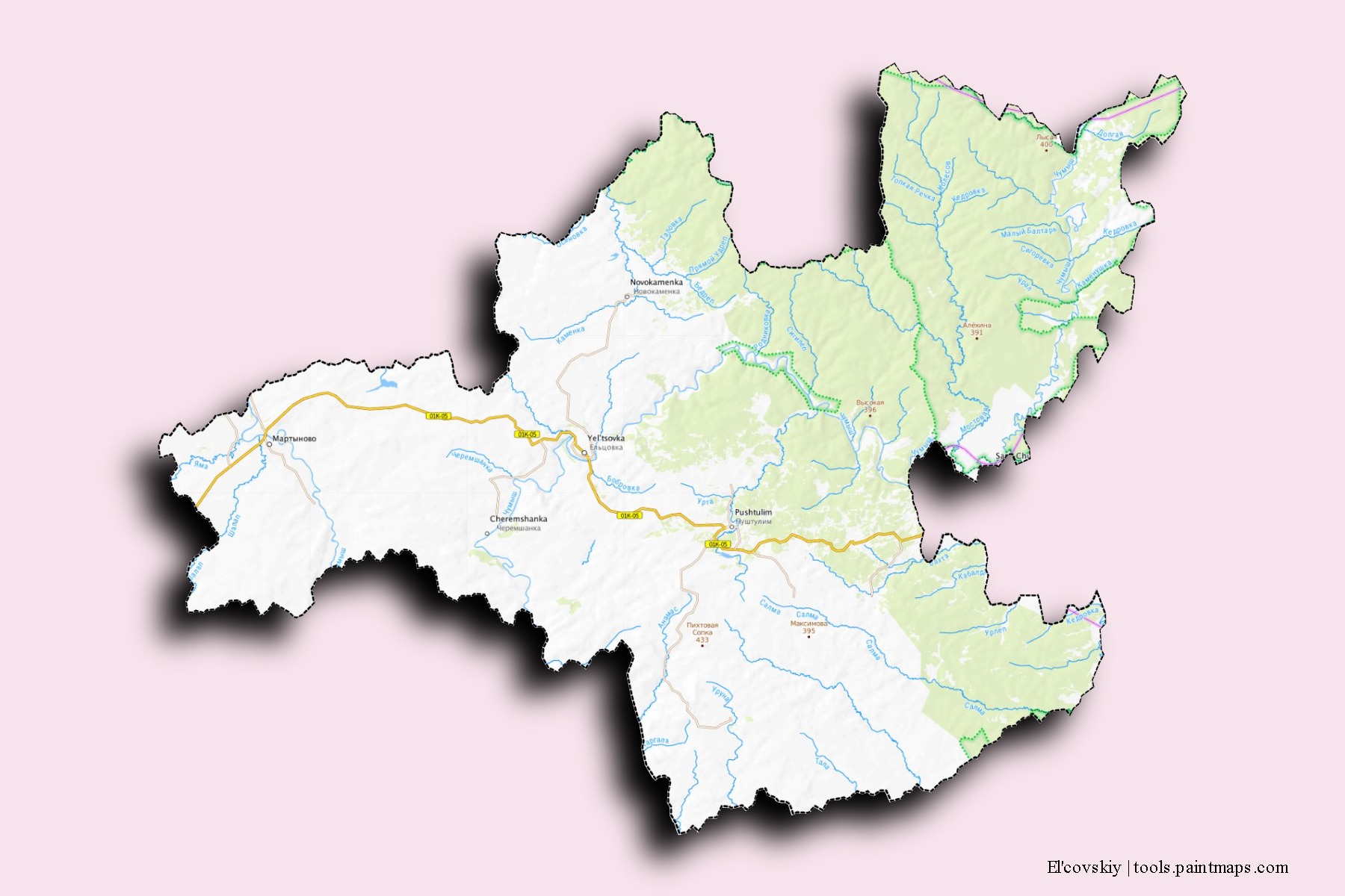 Mapa de barrios y pueblos de El'covskiy con efecto de sombra 3D