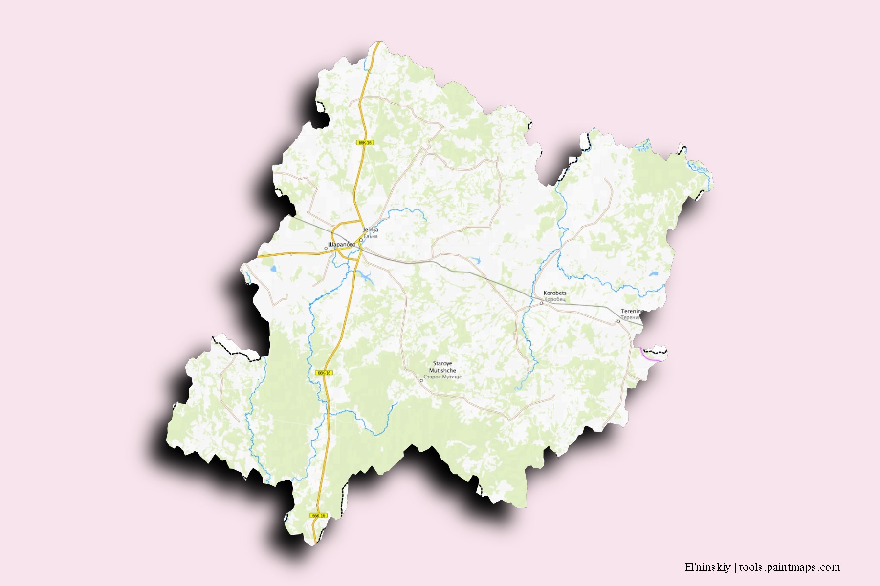 Mapa de barrios y pueblos de El'ninskiy con efecto de sombra 3D