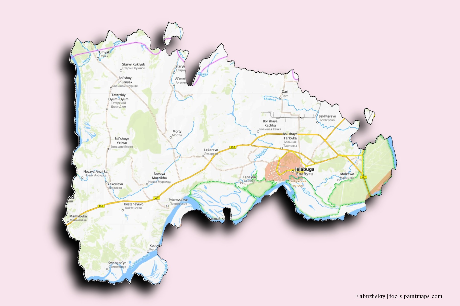 Mapa de barrios y pueblos de Elabuzhskiy con efecto de sombra 3D