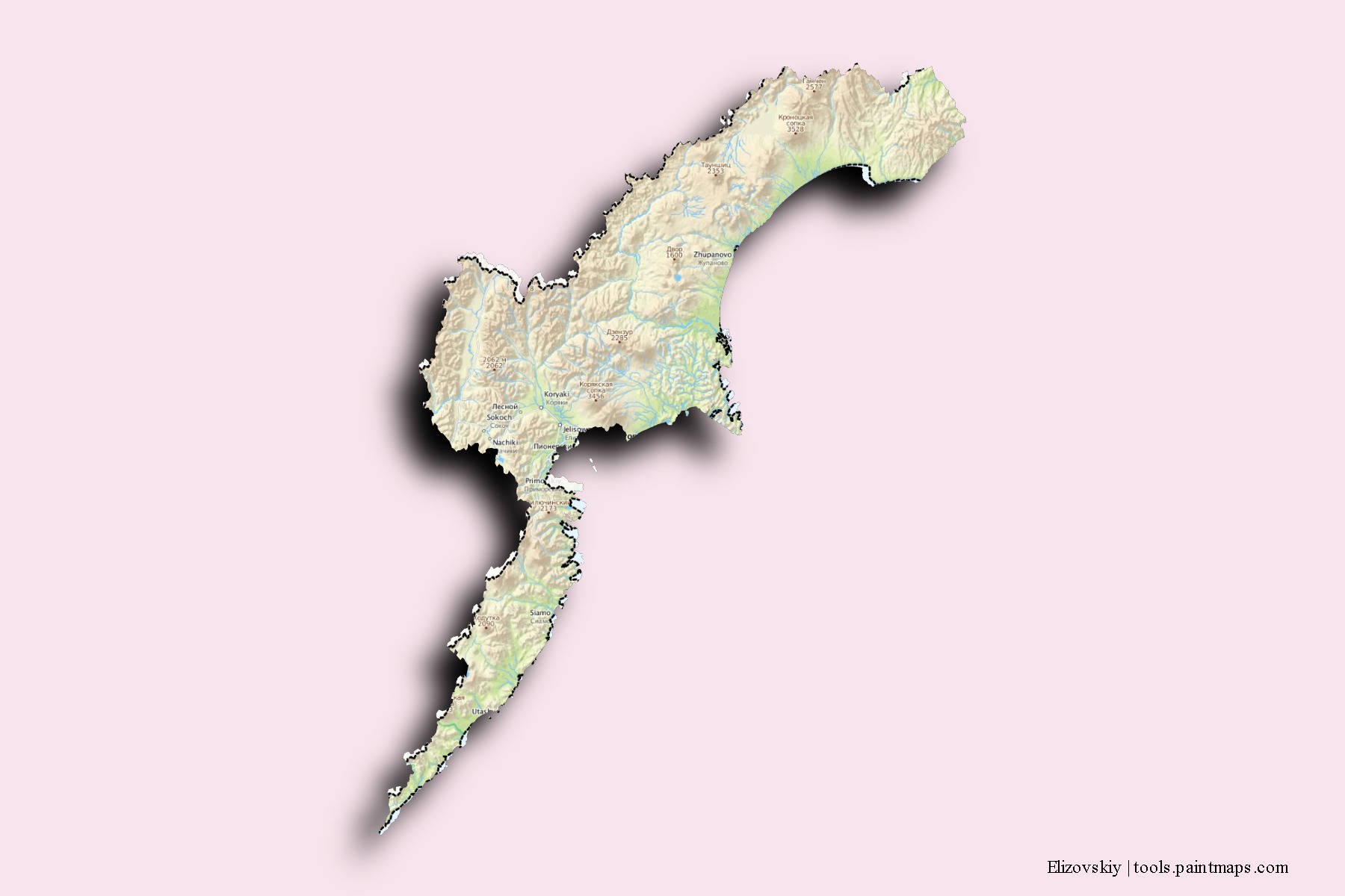 Mapa de barrios y pueblos de Elizovskiy con efecto de sombra 3D