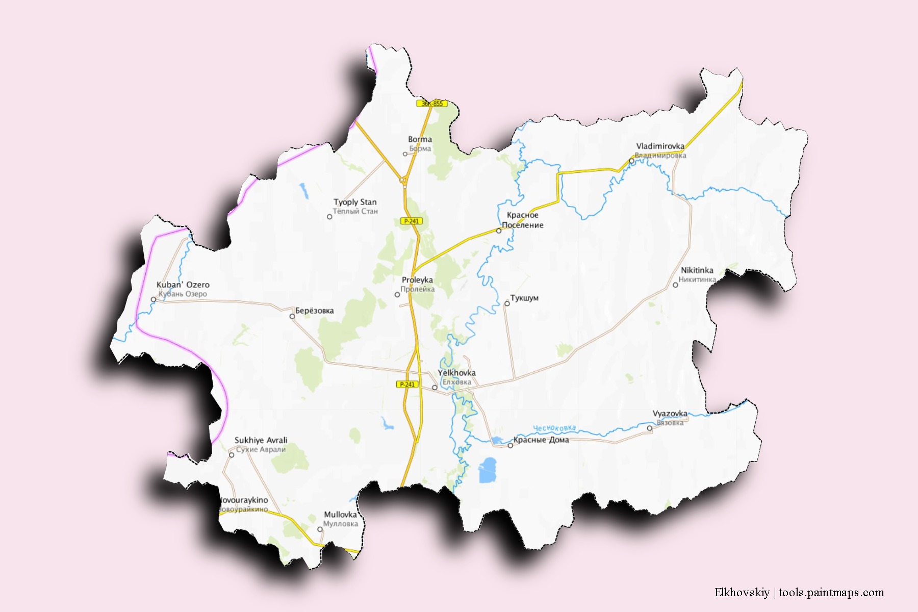 Mapa de barrios y pueblos de Elkhovskiy con efecto de sombra 3D