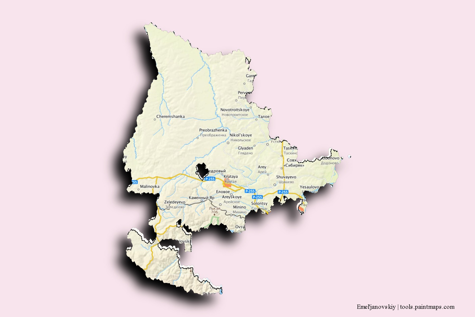 Mapa de barrios y pueblos de Emel'janovskiy con efecto de sombra 3D