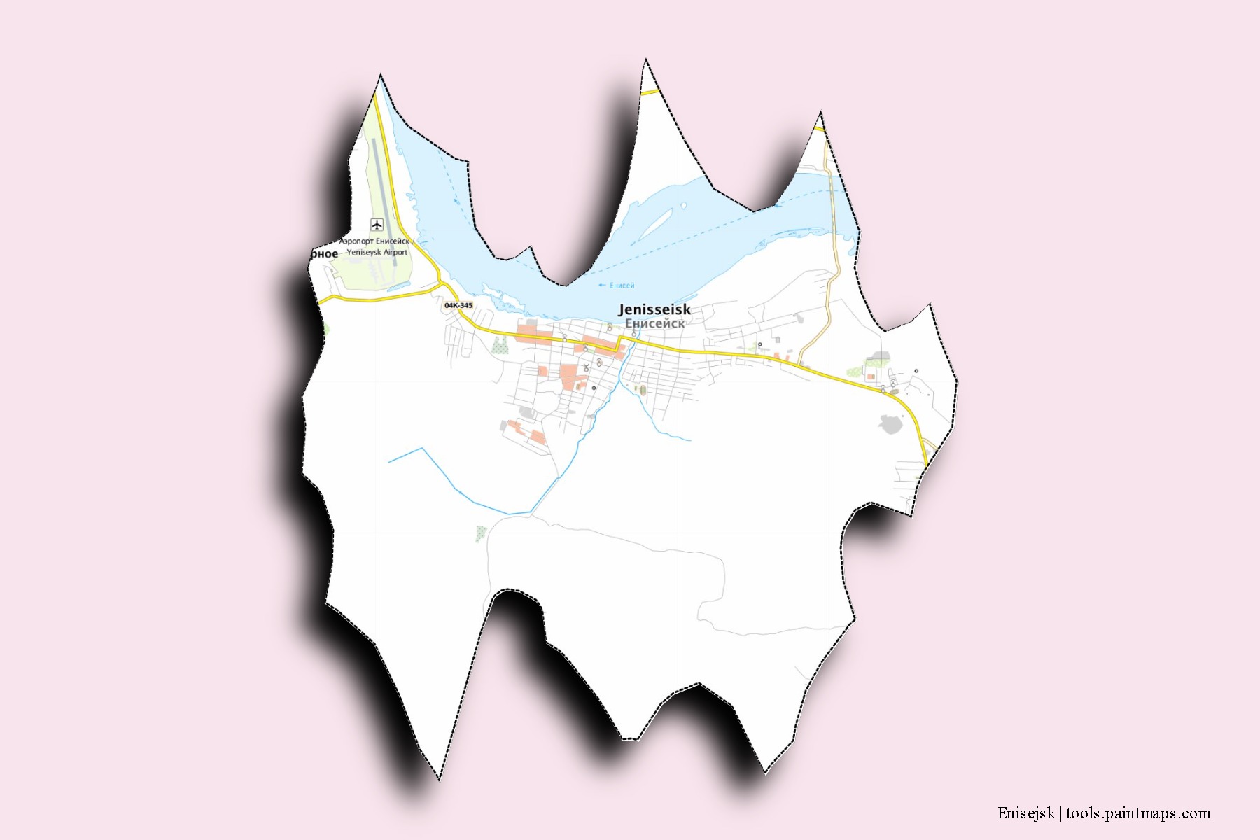 Enisejsk neighborhoods and villages map with 3D shadow effect