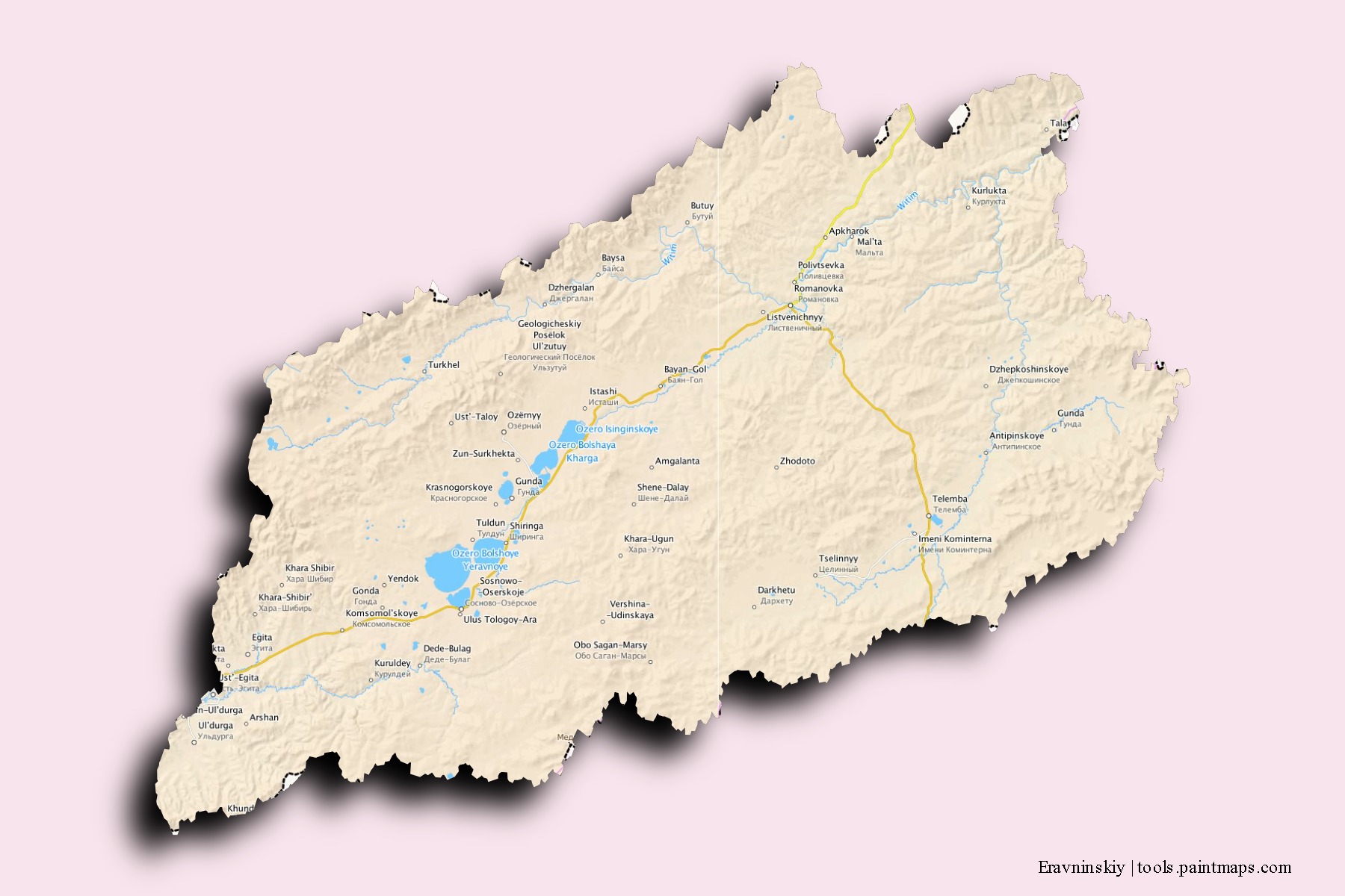 Mapa de barrios y pueblos de Eravninskiy con efecto de sombra 3D