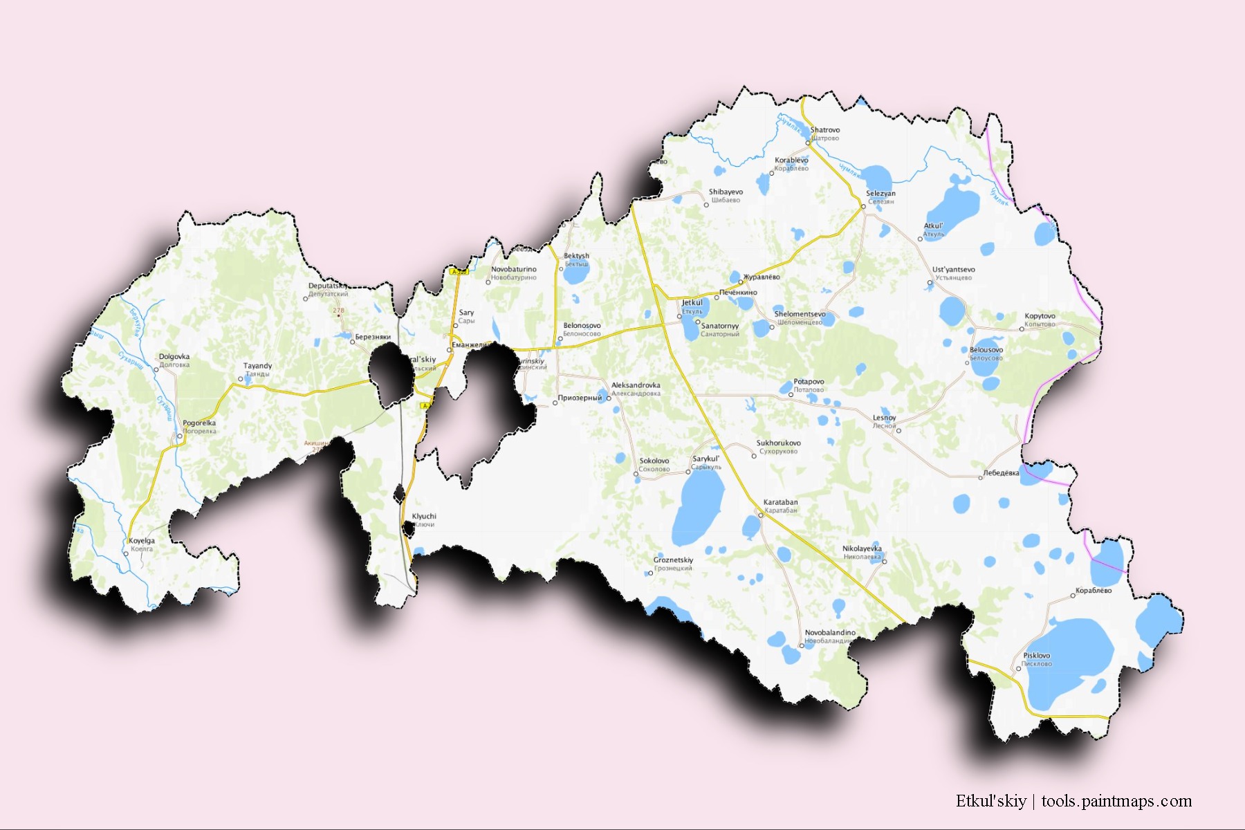 Etkul'skiy neighborhoods and villages map with 3D shadow effect