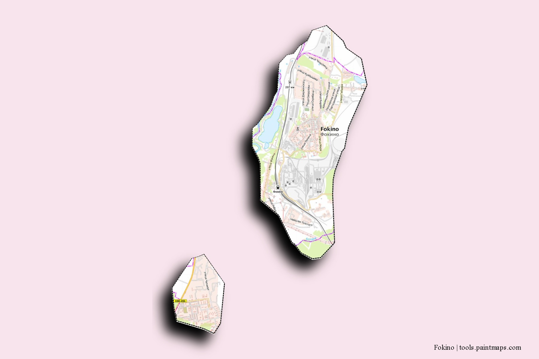 Fokino neighborhoods and villages map with 3D shadow effect