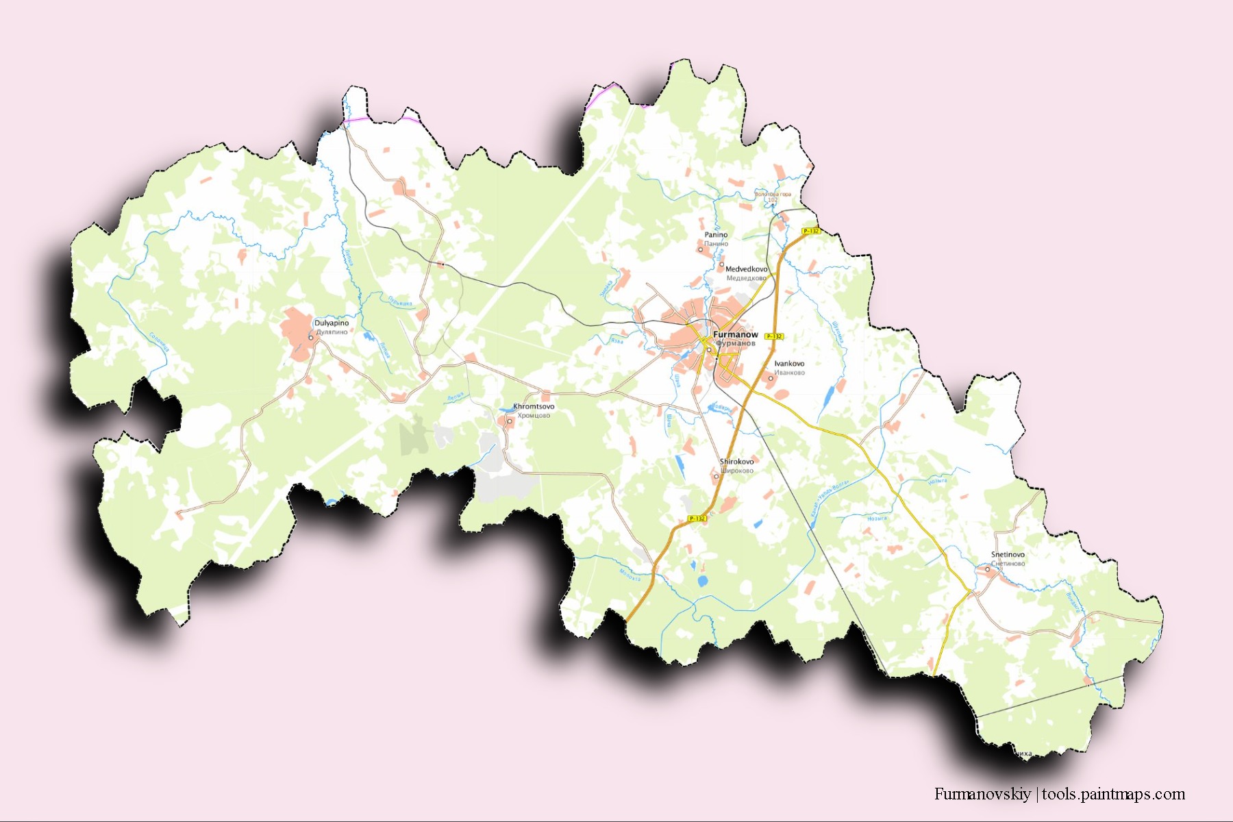 3D gölge efektli Furmanovskiy mahalleleri ve köyleri haritası