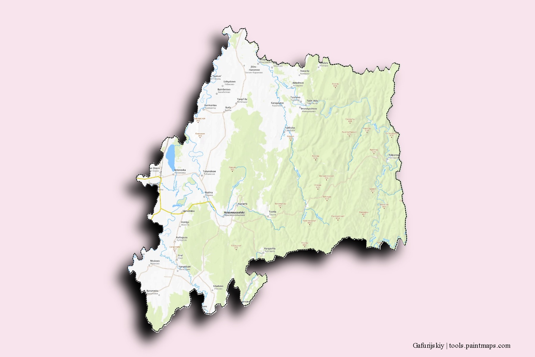 Mapa de barrios y pueblos de Gafurijskiy con efecto de sombra 3D