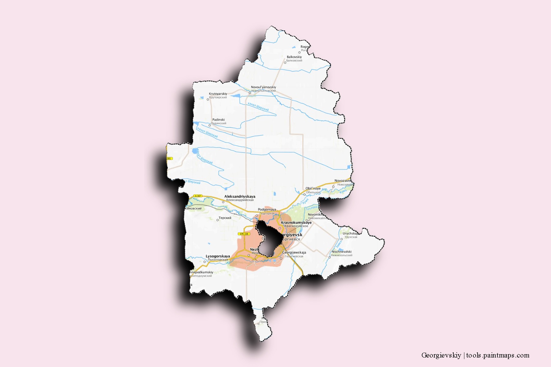 Georgievskiy neighborhoods and villages map with 3D shadow effect