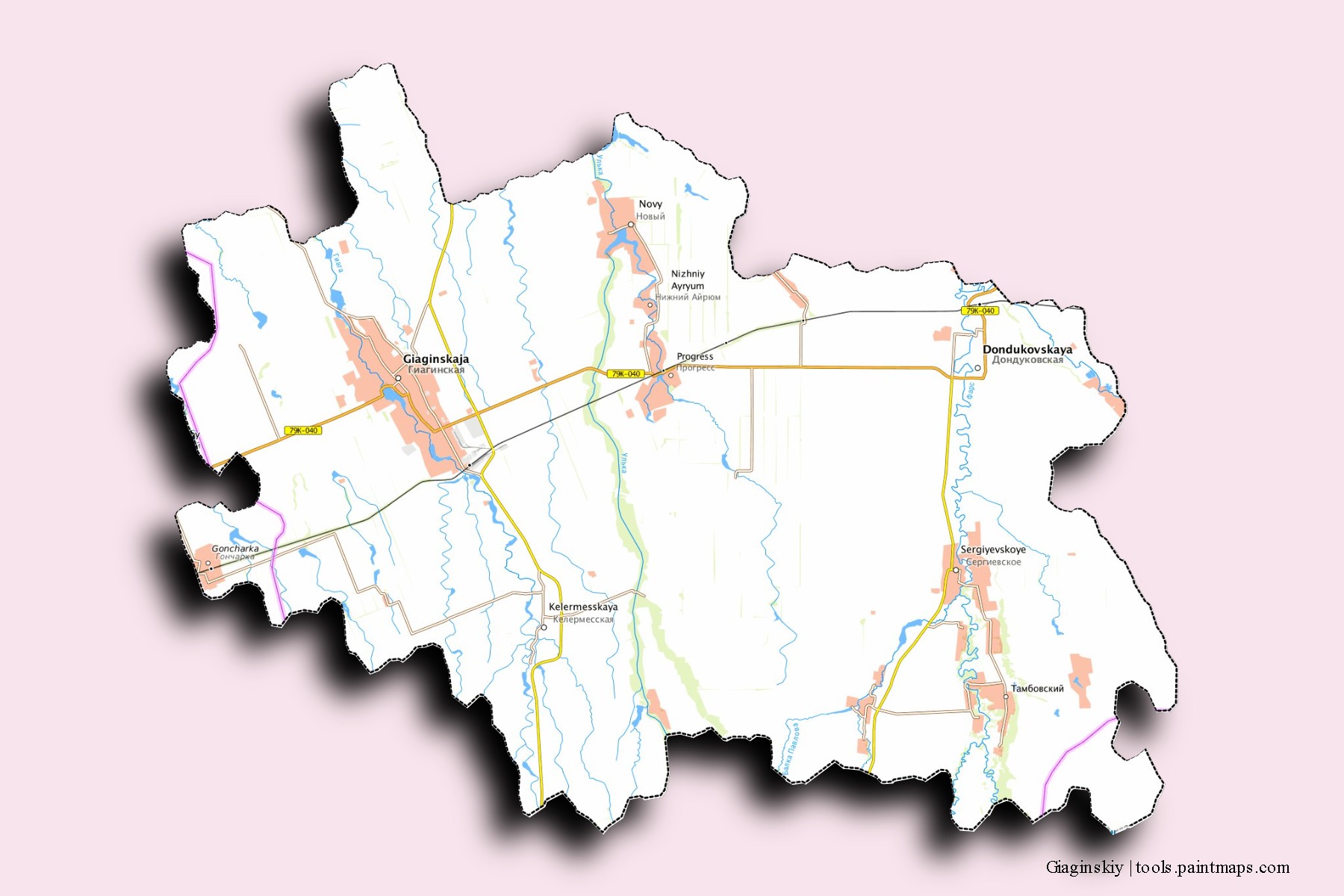 Mapa de barrios y pueblos de Giaginskiy con efecto de sombra 3D