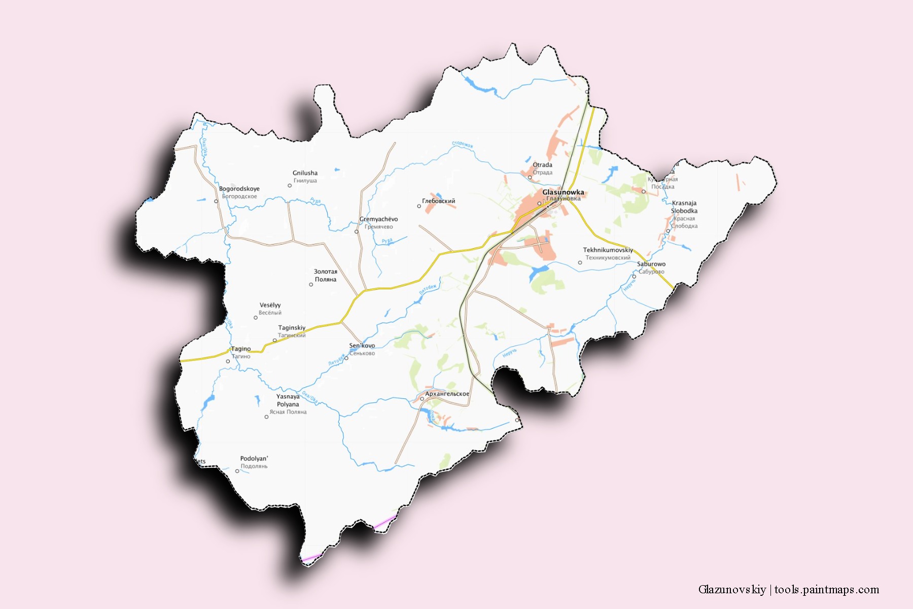 Glazunovskiy neighborhoods and villages map with 3D shadow effect