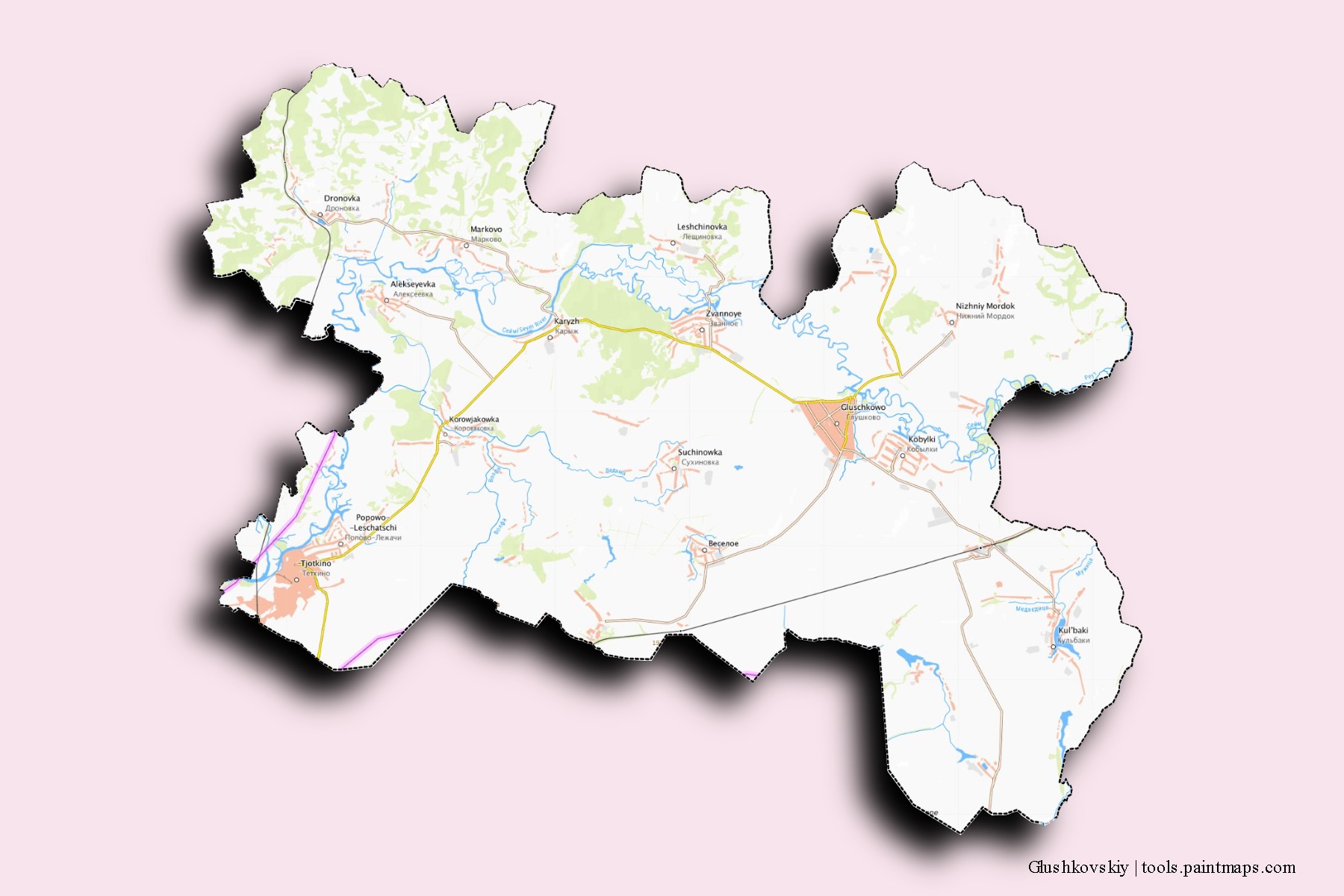 Glushkovskiy neighborhoods and villages map with 3D shadow effect