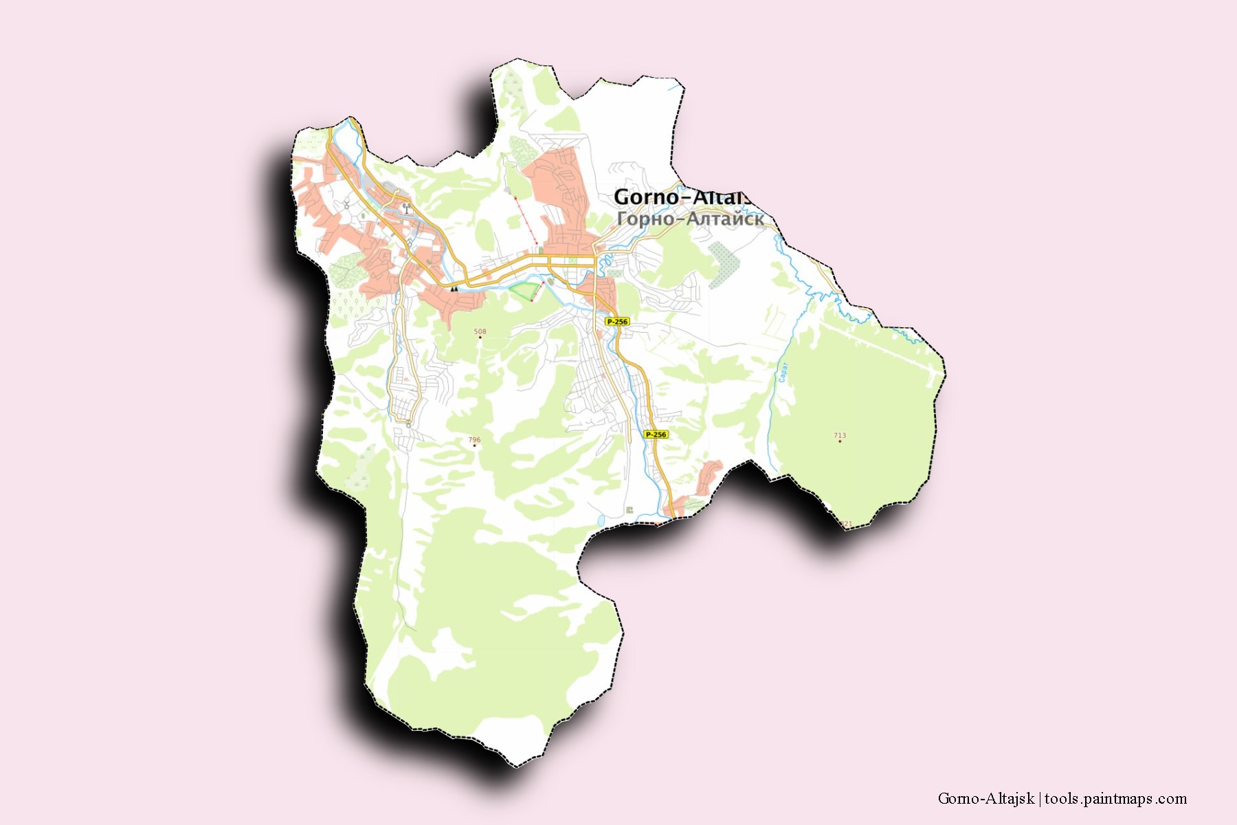 Mapa de barrios y pueblos de Gorno-Altajsk con efecto de sombra 3D