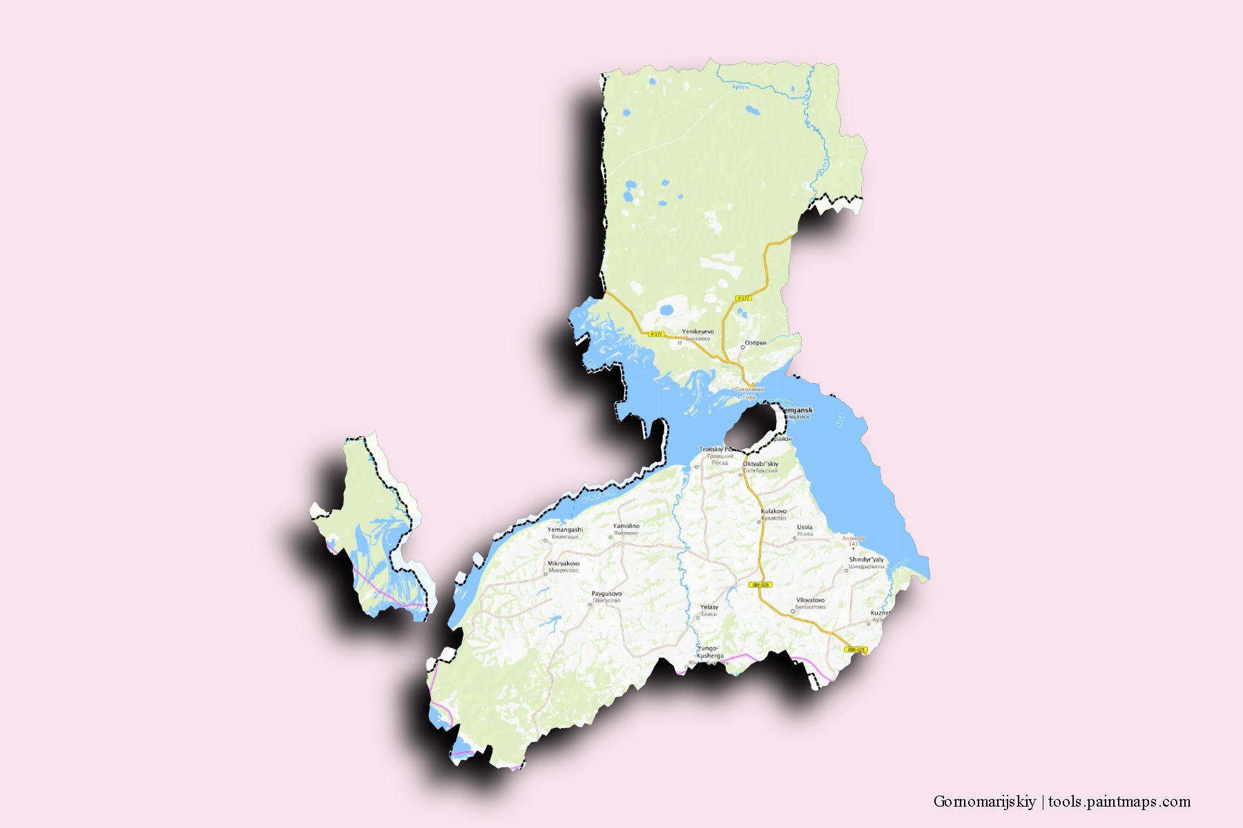 Mapa de barrios y pueblos de Gornomarijskiy con efecto de sombra 3D