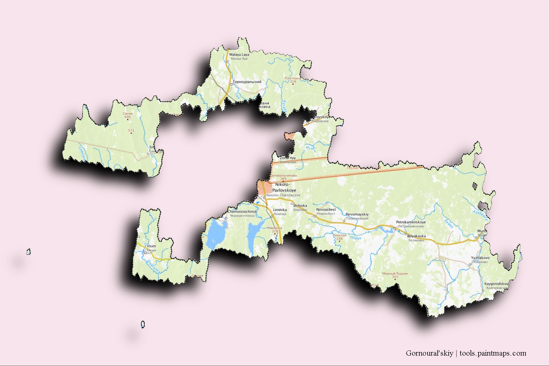 Mapa de barrios y pueblos de Gornoural'skiy con efecto de sombra 3D