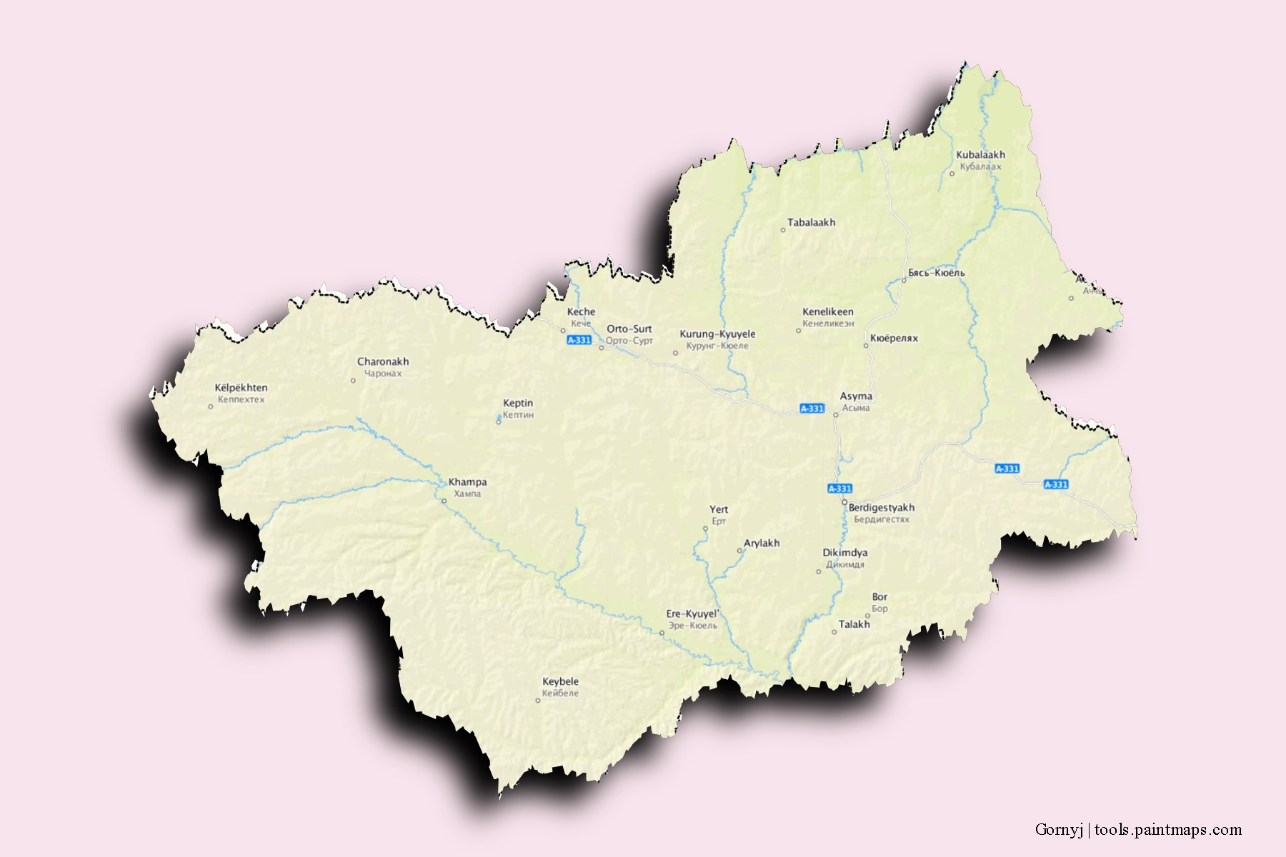 Mapa de barrios y pueblos de Gornyj con efecto de sombra 3D