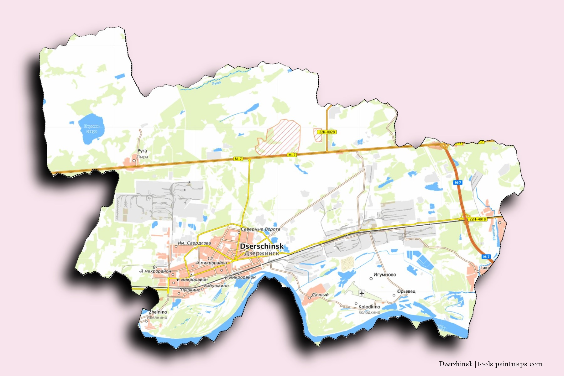 3D gölge efektli Dzerzhinsk mahalleleri ve köyleri haritası