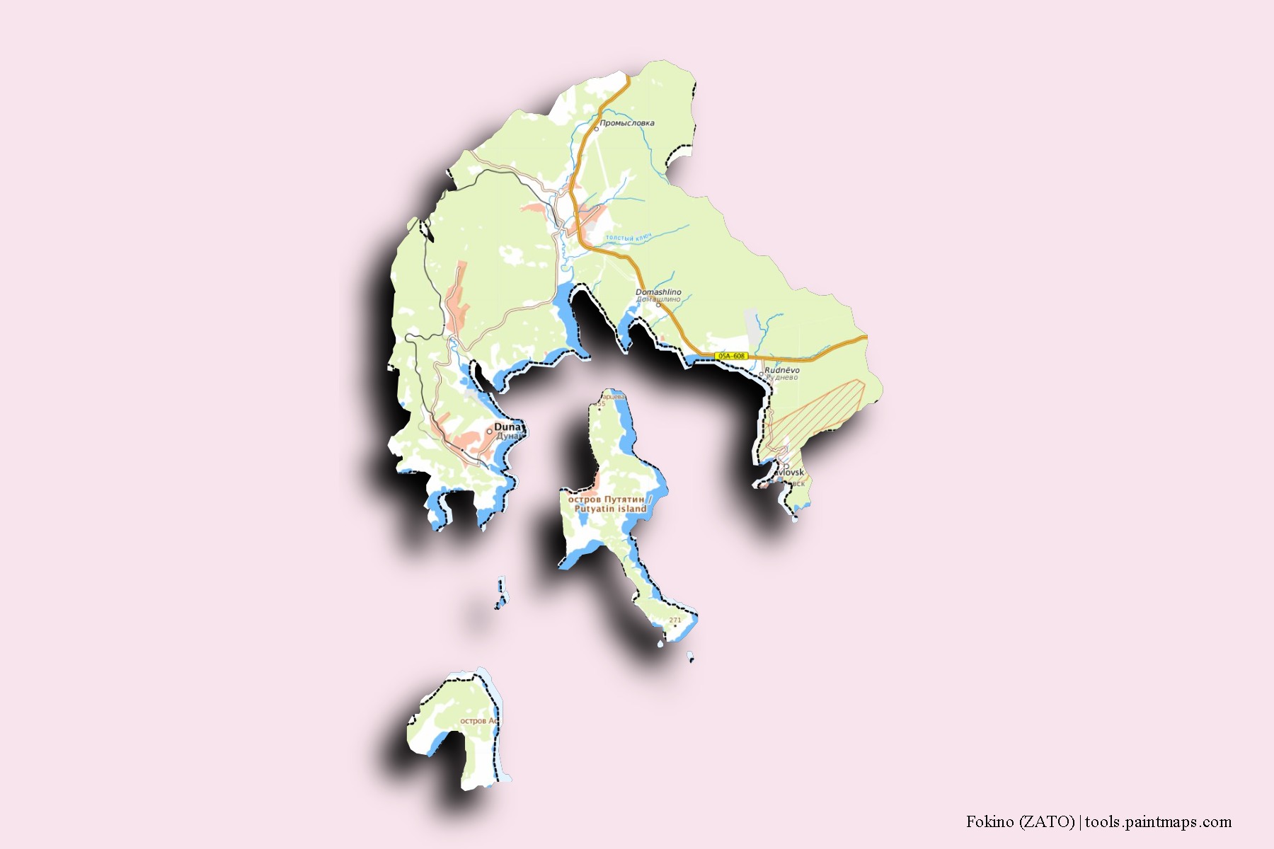 Mapa de barrios y pueblos de Fokino (ZATO) con efecto de sombra 3D