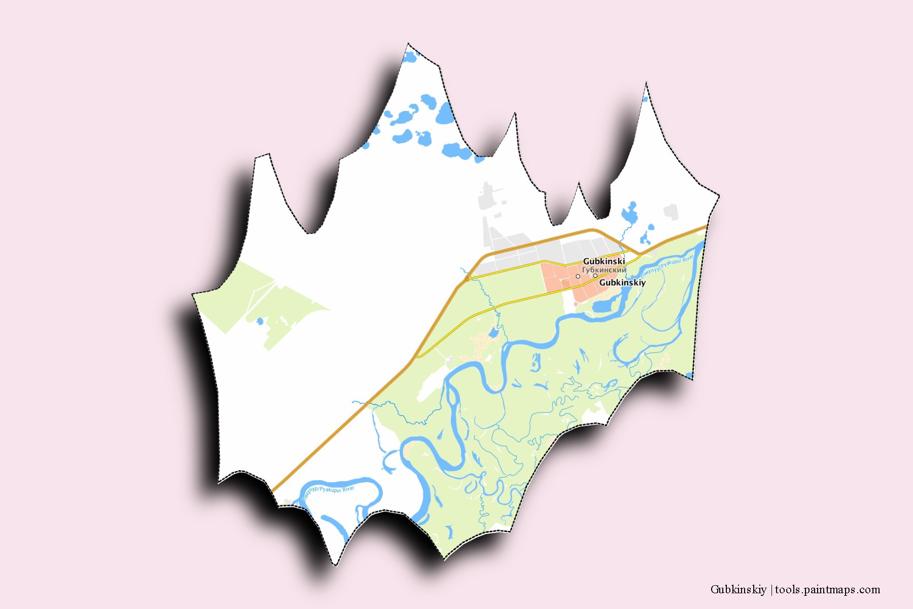 3D gölge efektli Gubkinskiy mahalleleri ve köyleri haritası