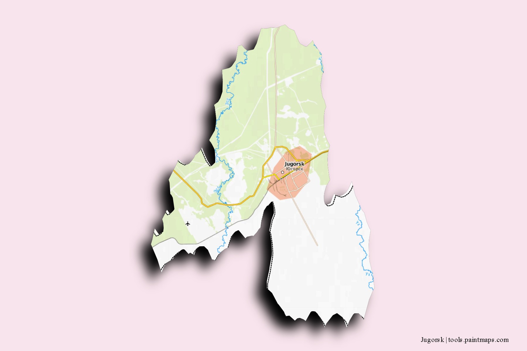 Mapa de barrios y pueblos de Jugorsk con efecto de sombra 3D