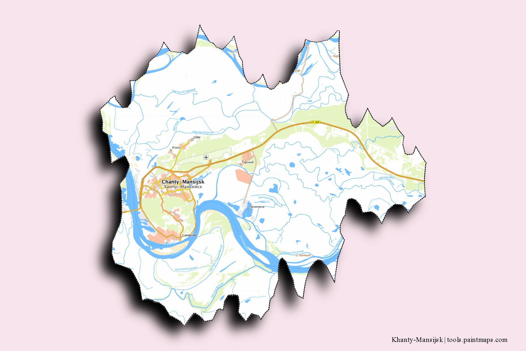 3D gölge efektli Khanty-Mansijsk mahalleleri ve köyleri haritası