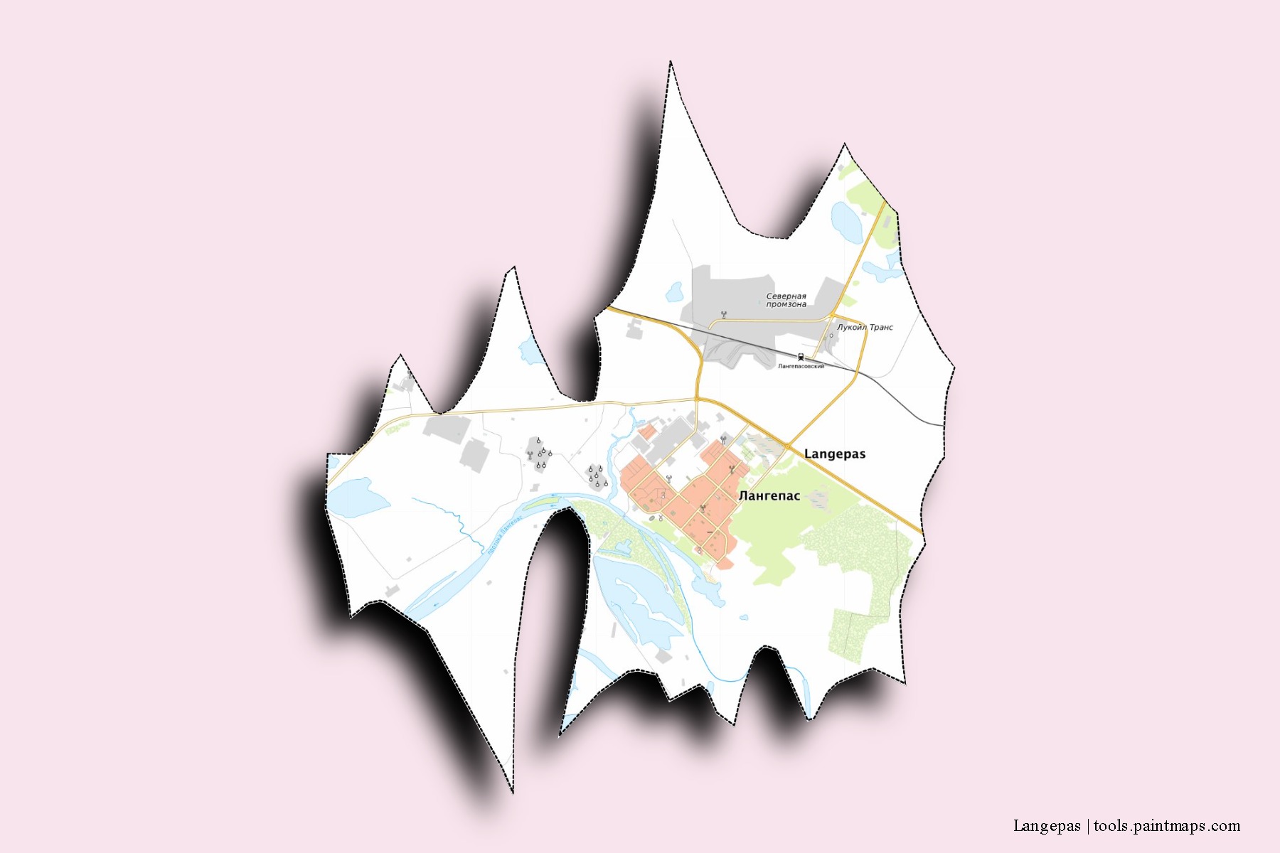 Langepas neighborhoods and villages map with 3D shadow effect