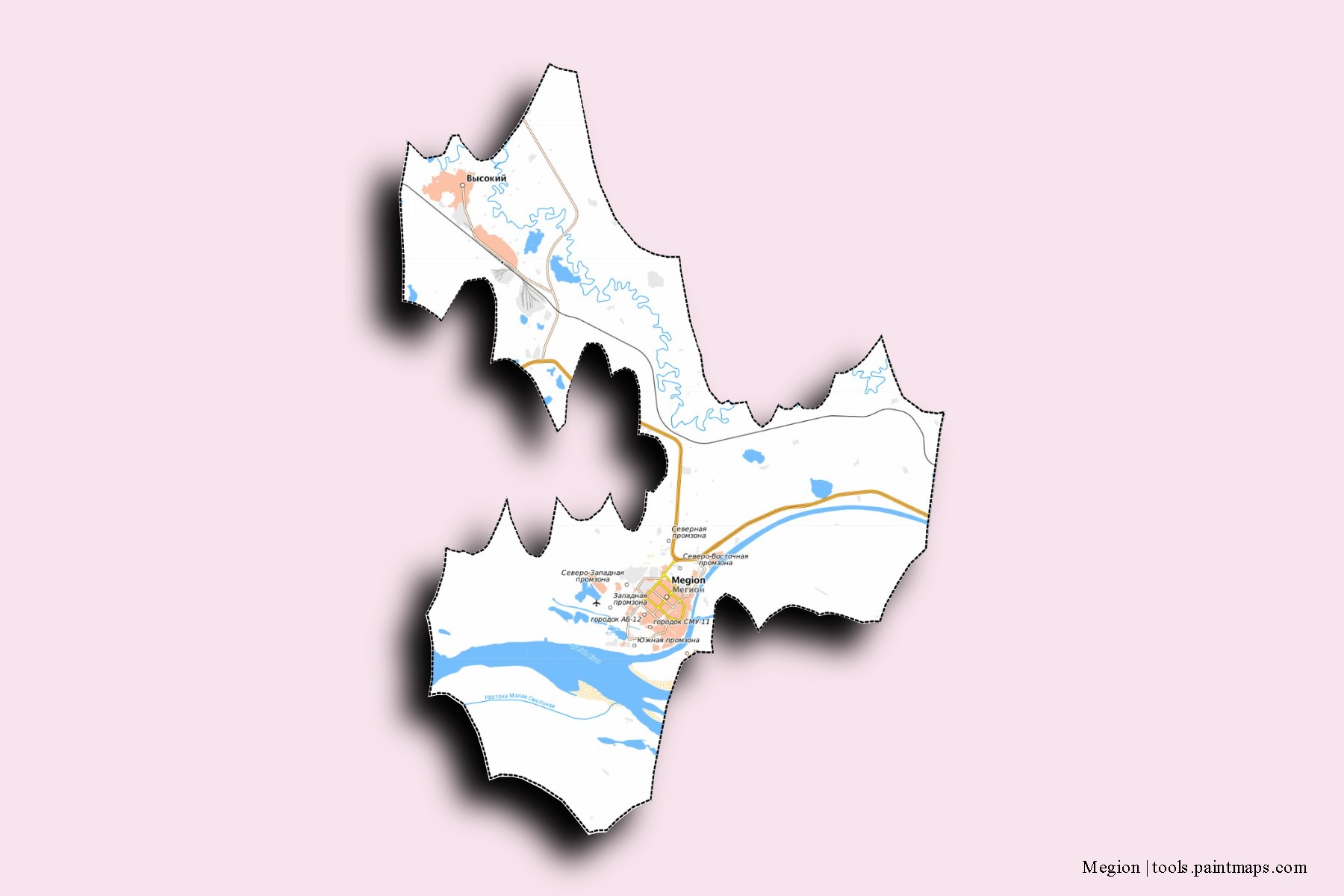 Megion neighborhoods and villages map with 3D shadow effect