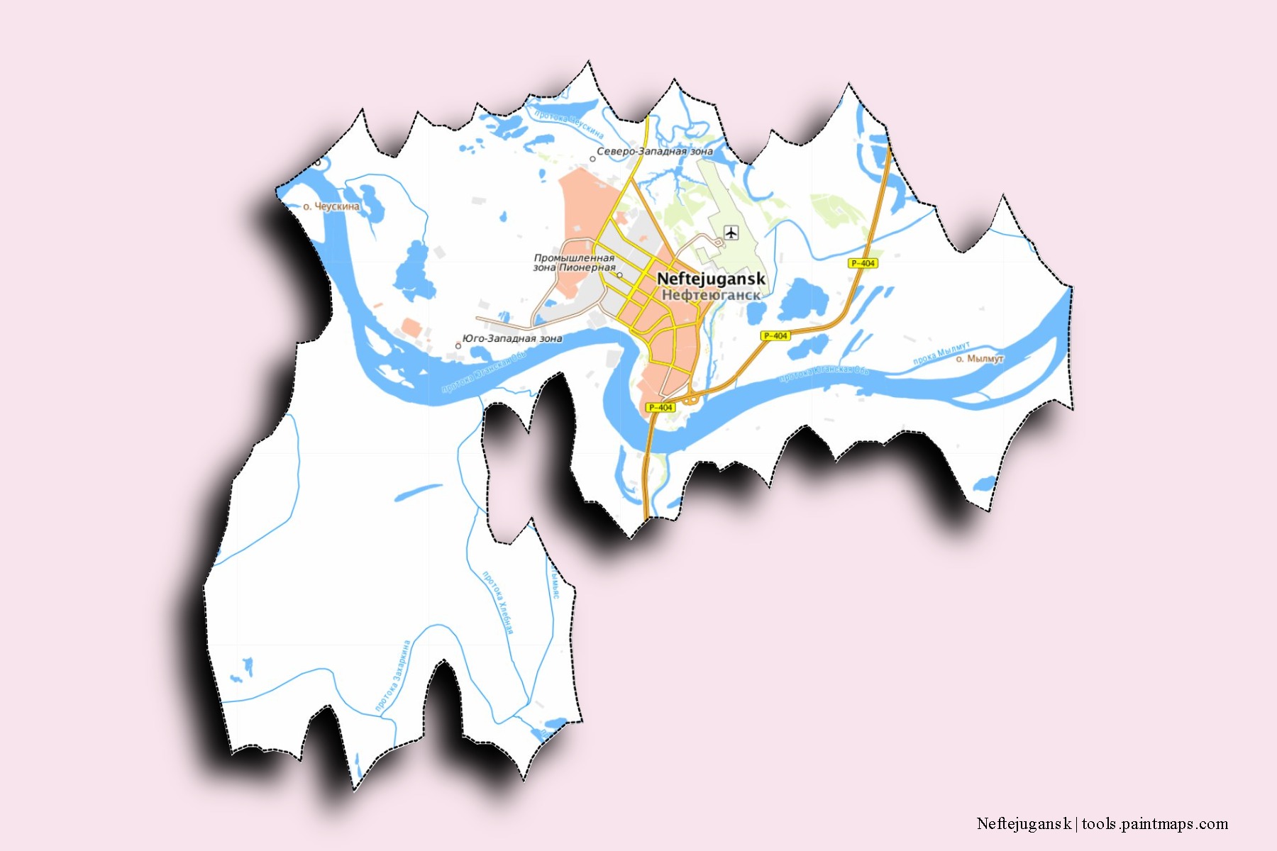 Neftejugansk neighborhoods and villages map with 3D shadow effect