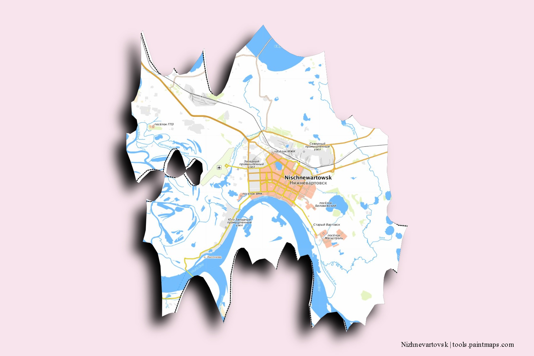 Nizhnevartovsk neighborhoods and villages map with 3D shadow effect