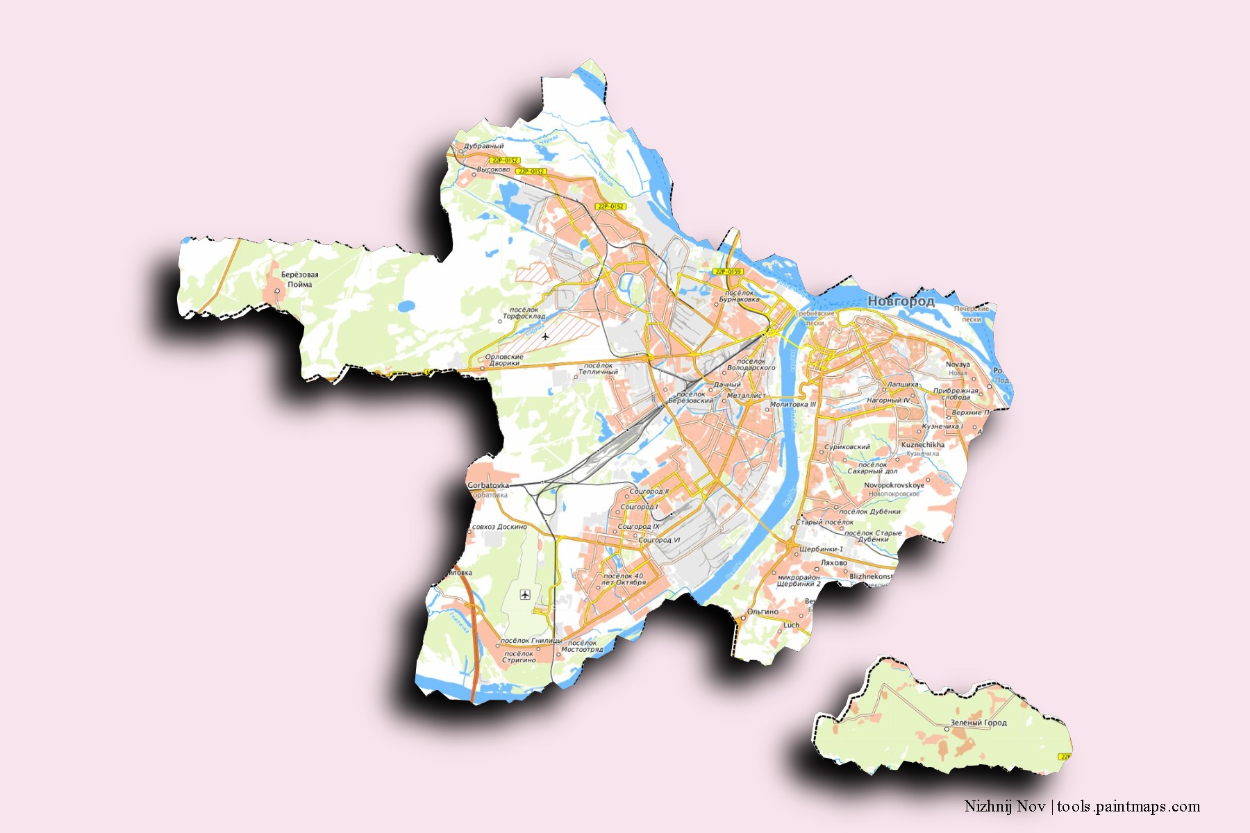 Nizhnij Nov neighborhoods and villages map with 3D shadow effect