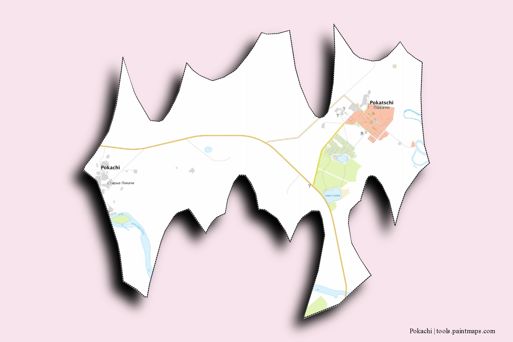 Pokachi neighborhoods and villages map with 3D shadow effect