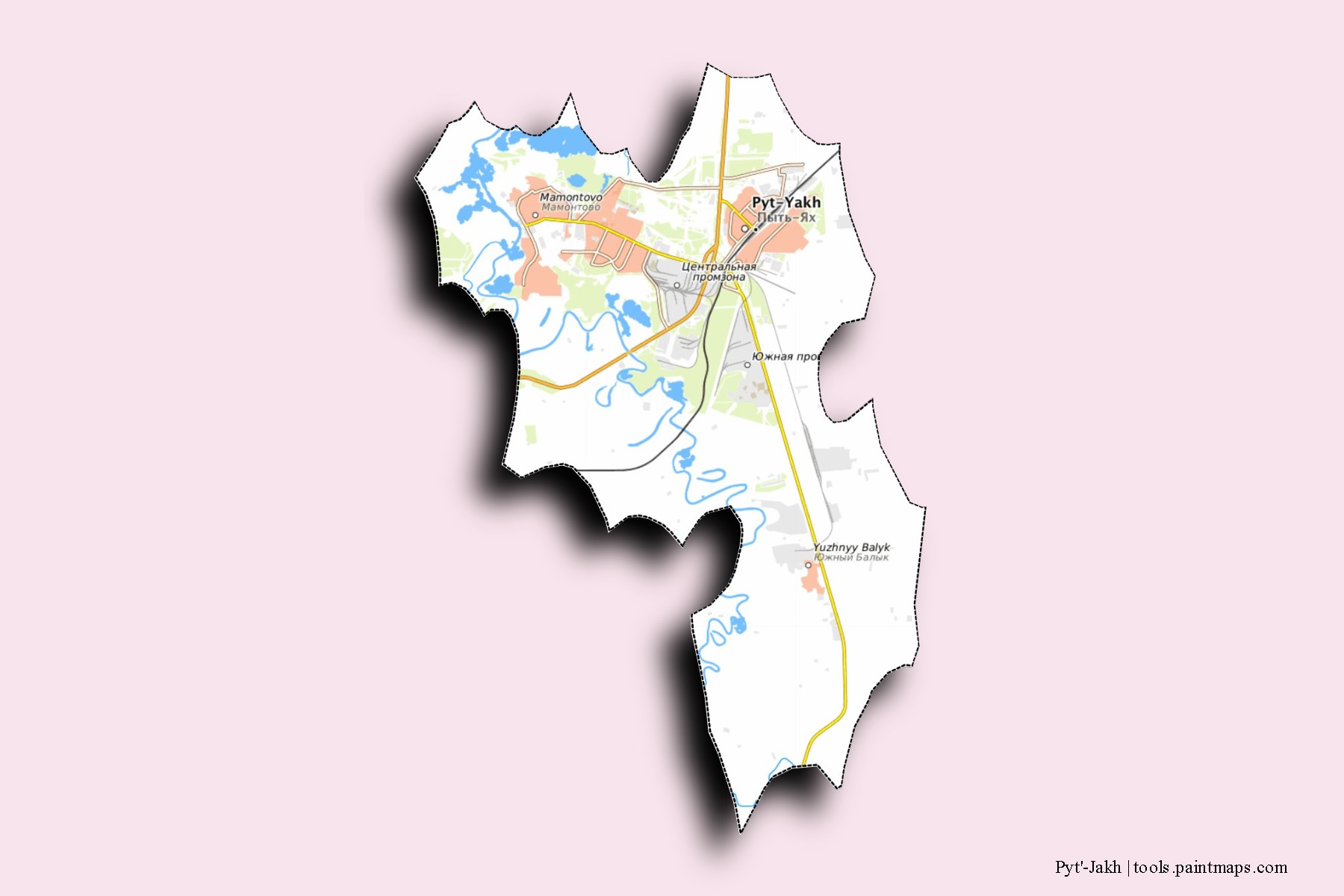 Pyt'-Jakh neighborhoods and villages map with 3D shadow effect