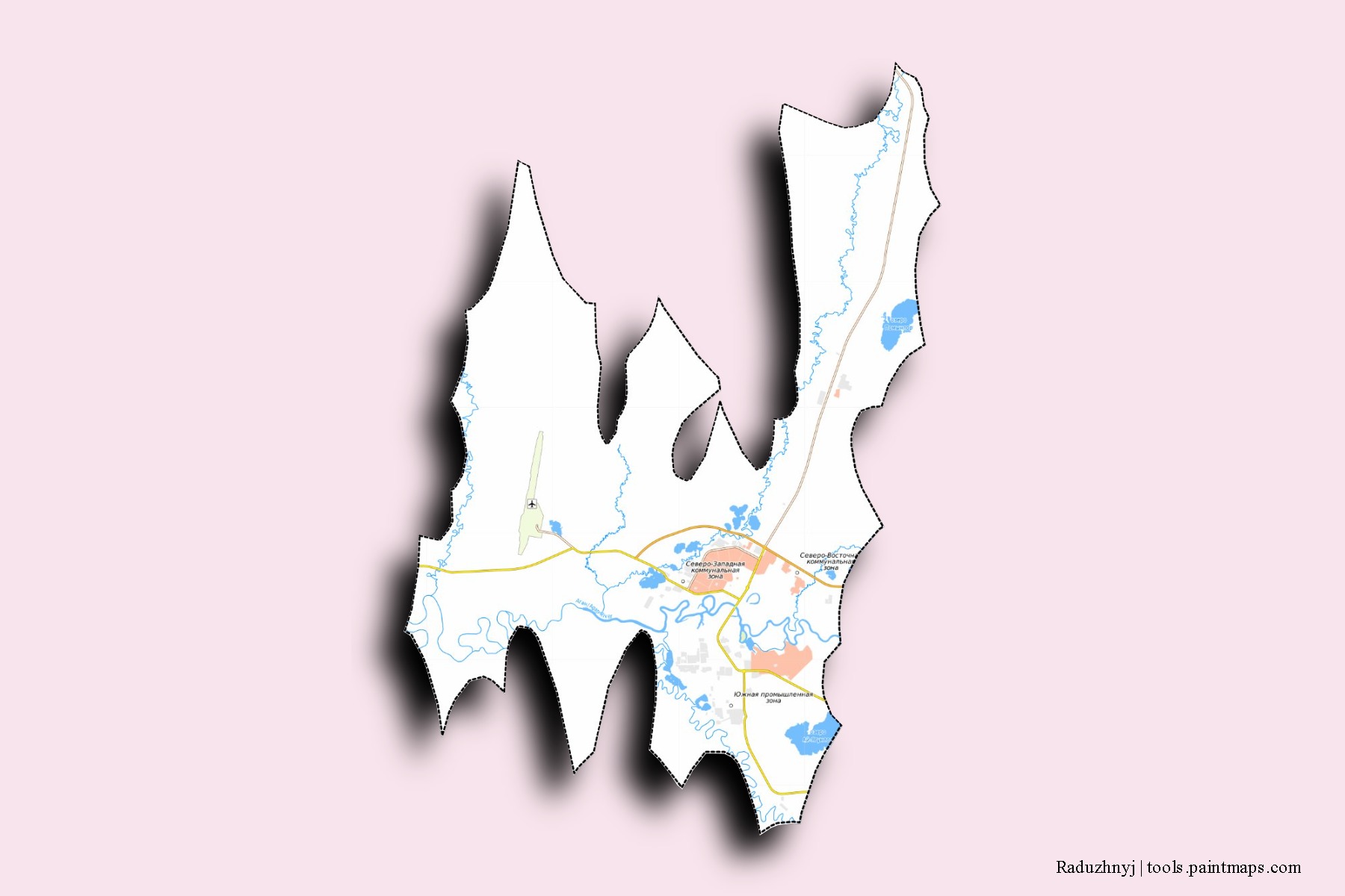 3D gölge efektli Raduzhnyj mahalleleri ve köyleri haritası