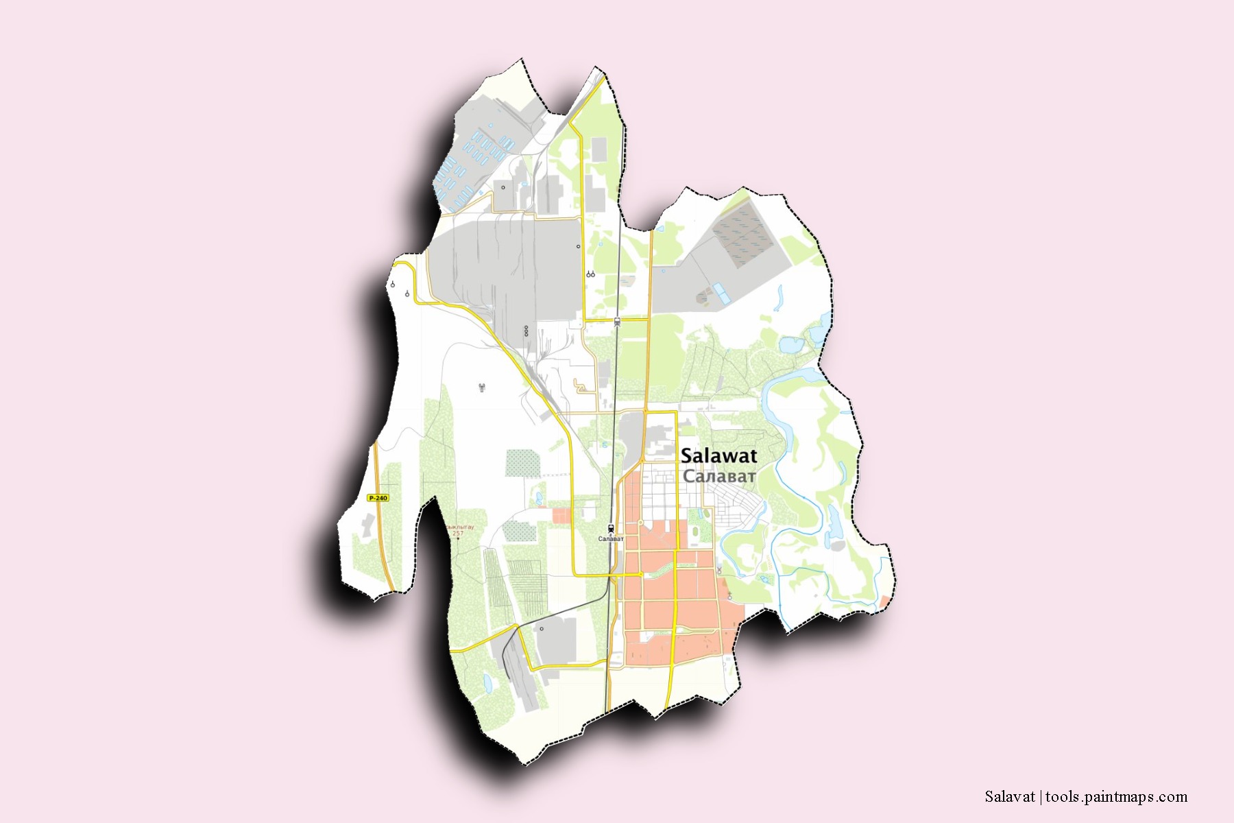 Mapa de barrios y pueblos de Salavat con efecto de sombra 3D