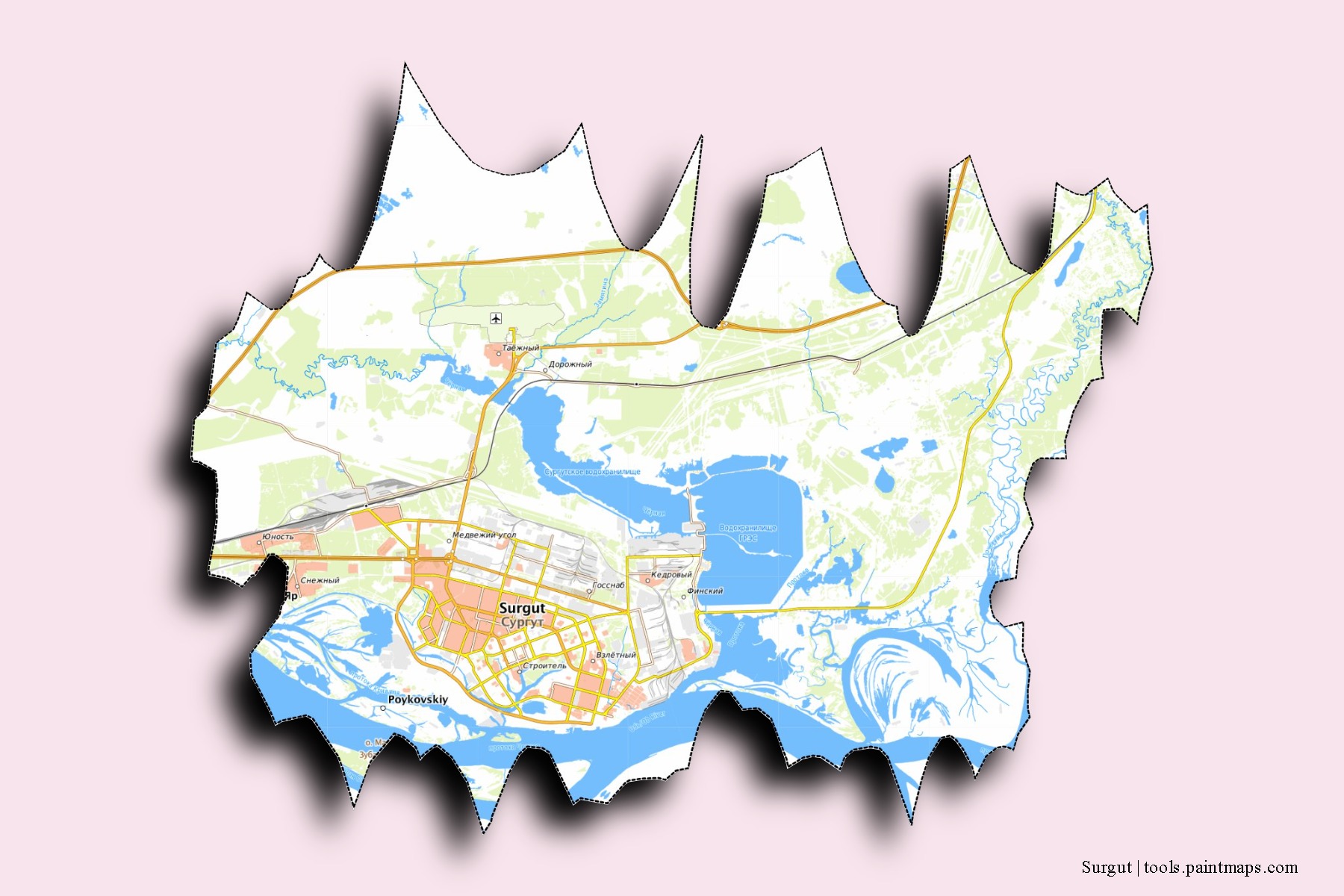 Surgut neighborhoods and villages map with 3D shadow effect