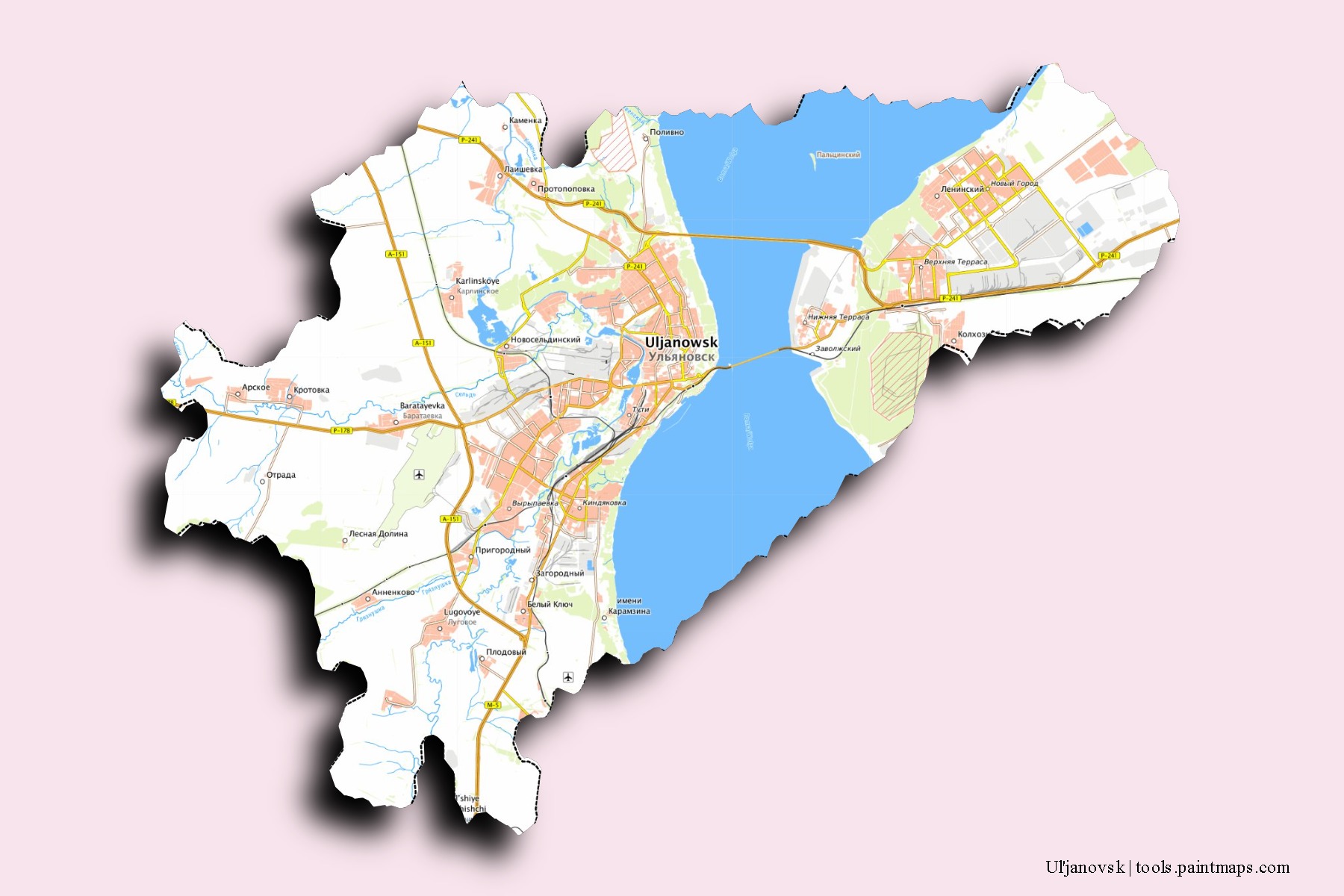 Mapa de barrios y pueblos de Ul'janovsk con efecto de sombra 3D