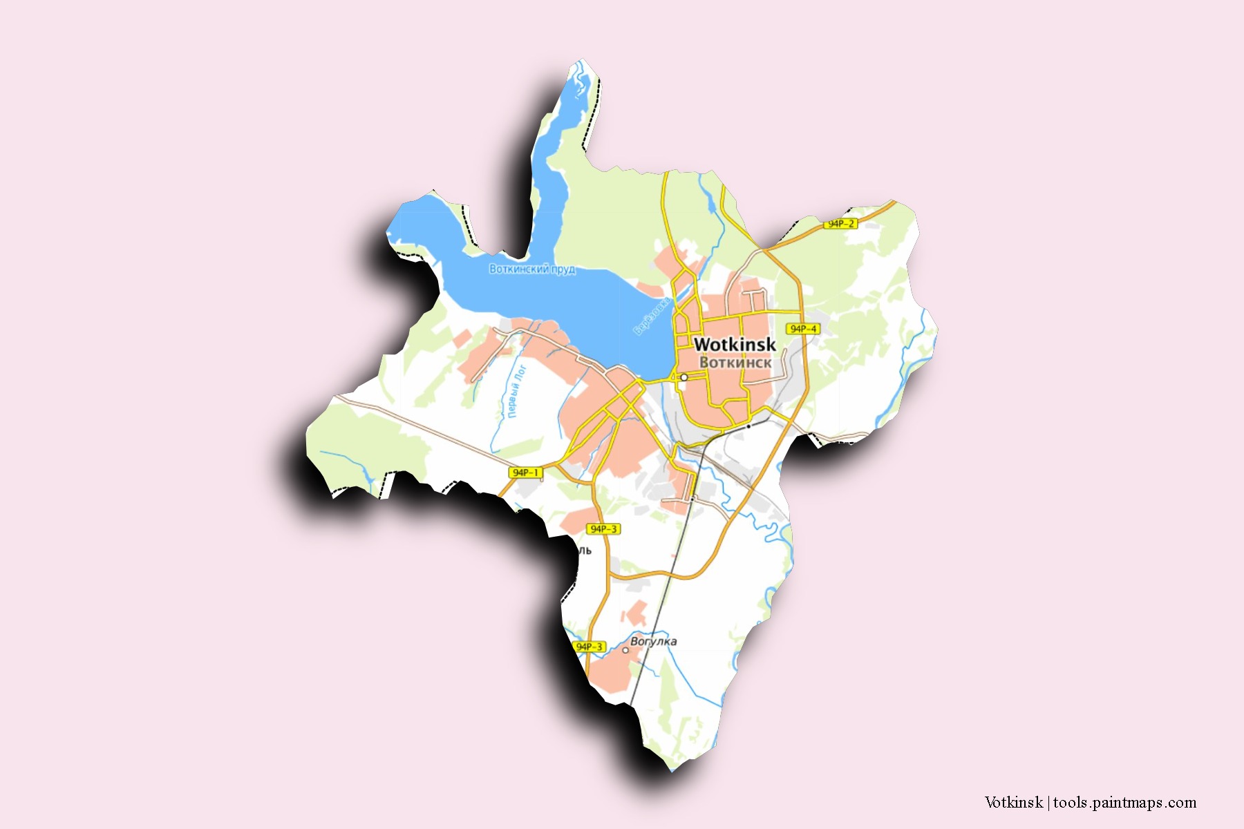 Votkinsk neighborhoods and villages map with 3D shadow effect