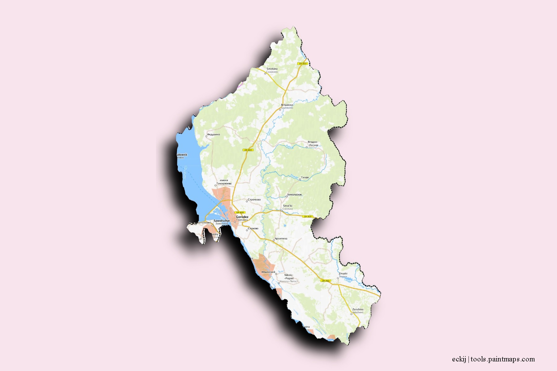 Mapa de barrios y pueblos de eckij con efecto de sombra 3D