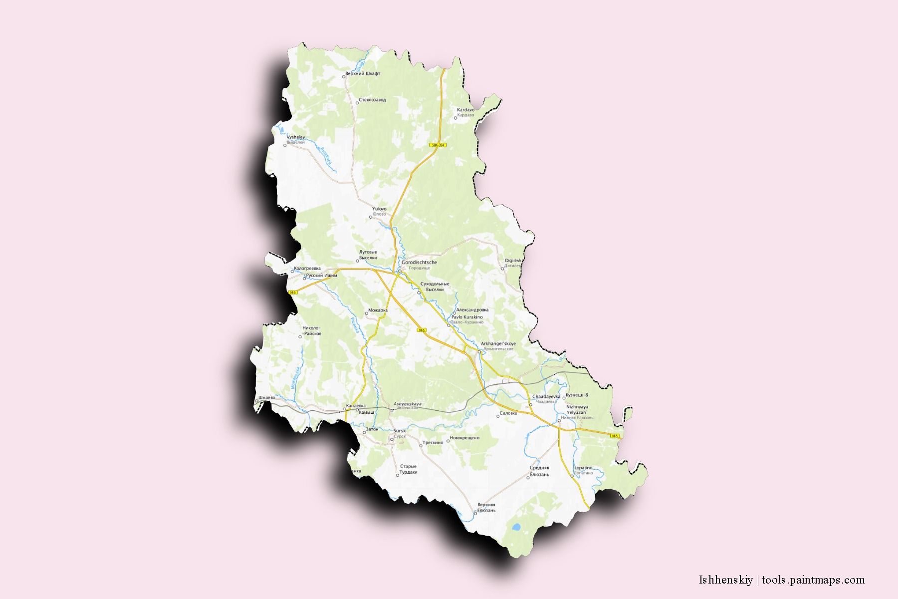 Mapa de barrios y pueblos de Ishhenskiy con efecto de sombra 3D