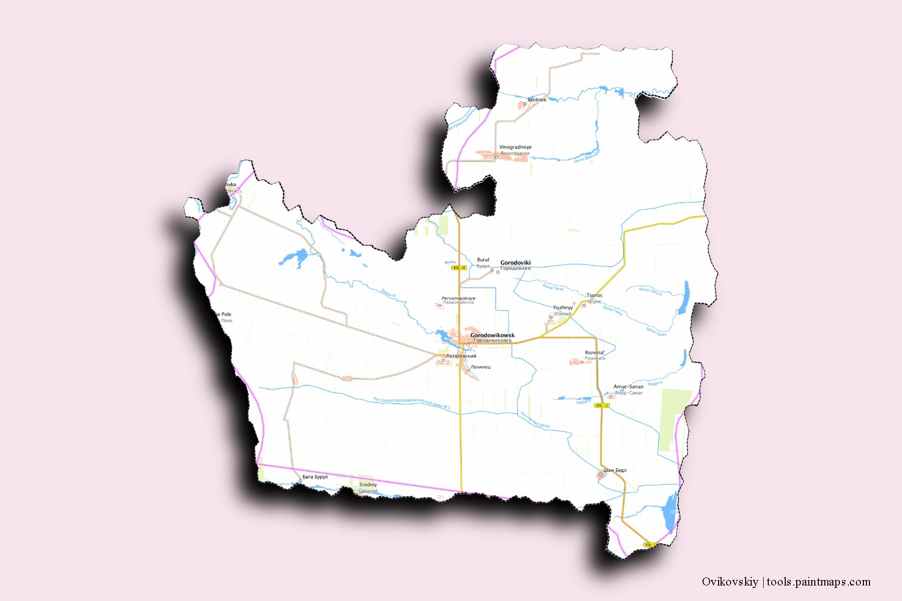 Mapa de barrios y pueblos de Ovikovskiy con efecto de sombra 3D