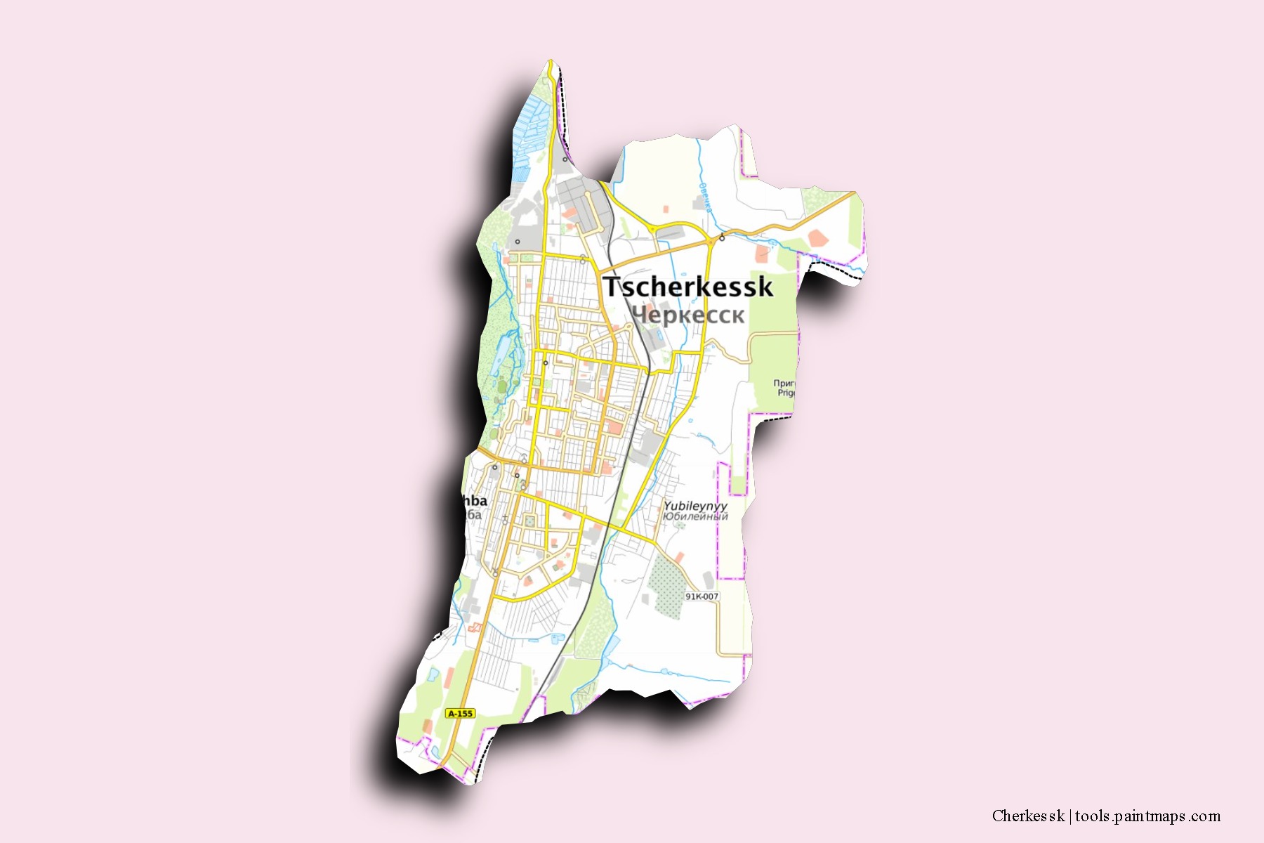 Cherkessk neighborhoods and villages map with 3D shadow effect