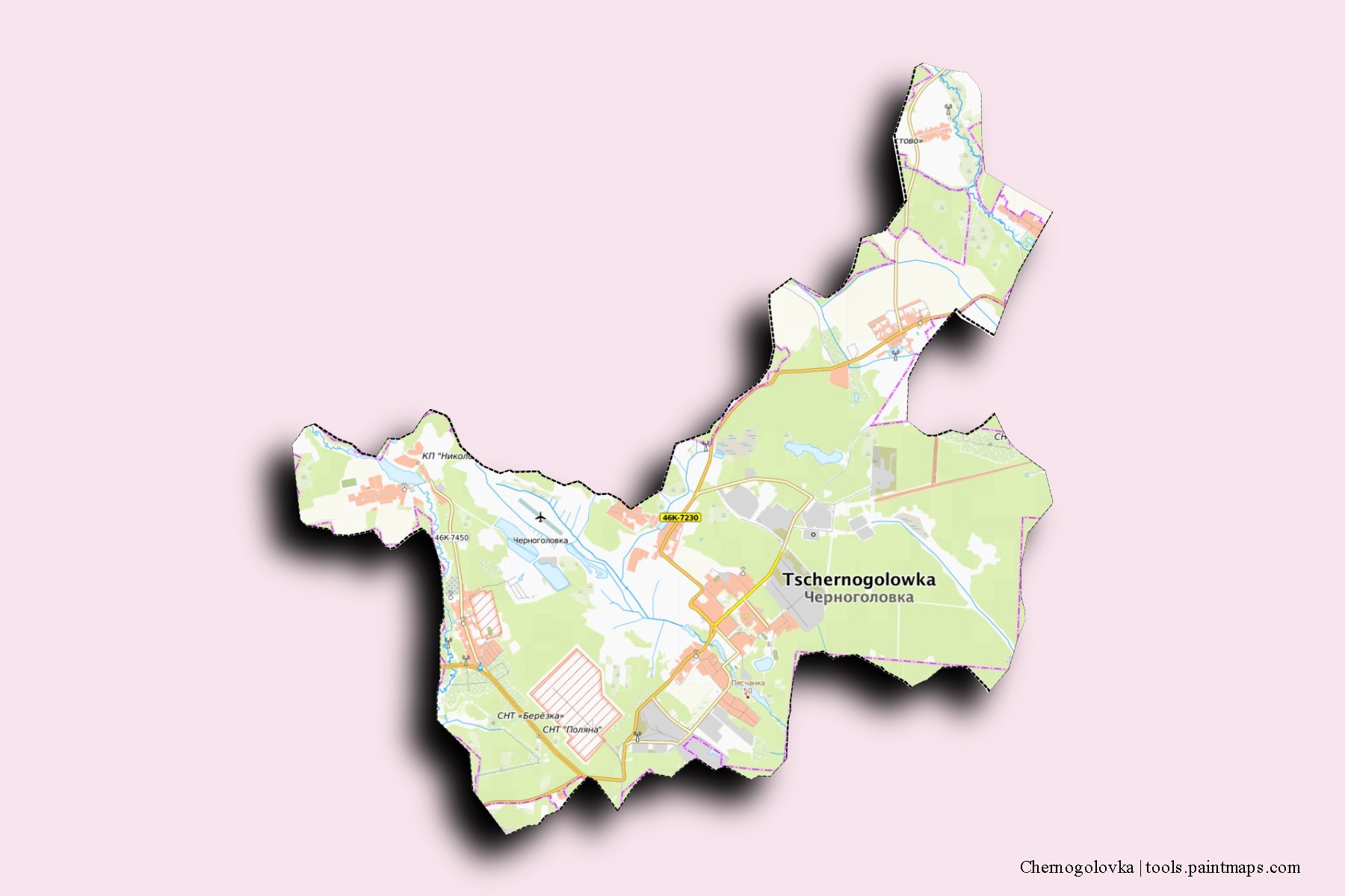 Chernogolovka neighborhoods and villages map with 3D shadow effect