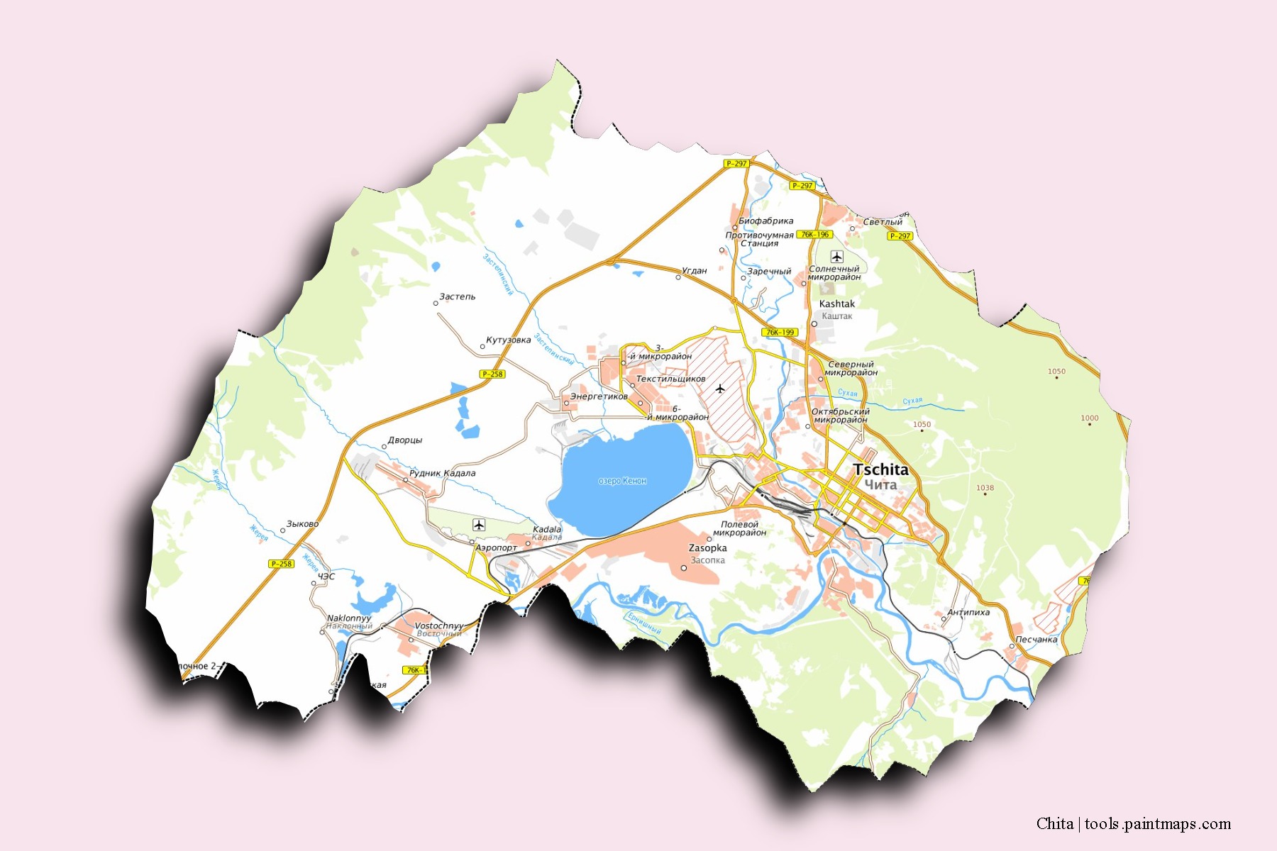 Chita neighborhoods and villages map with 3D shadow effect