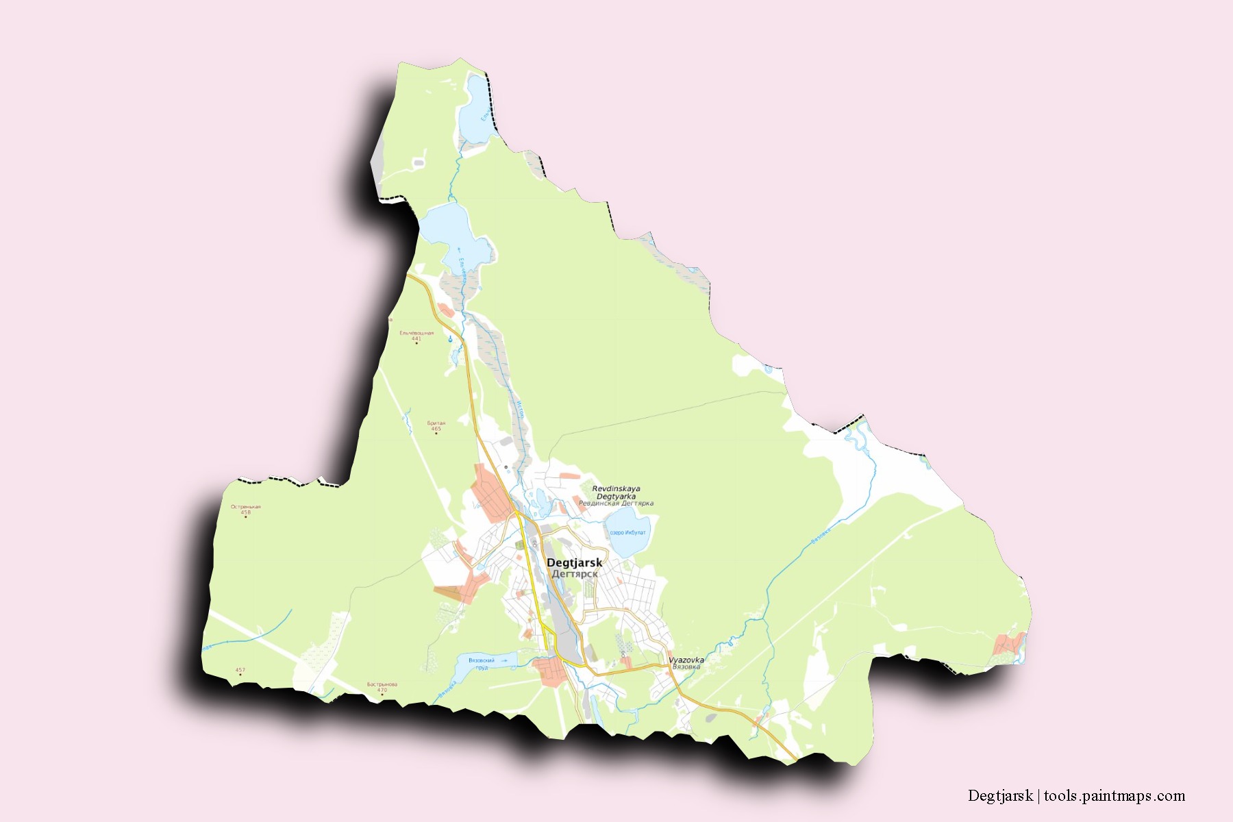 Degtjarsk neighborhoods and villages map with 3D shadow effect