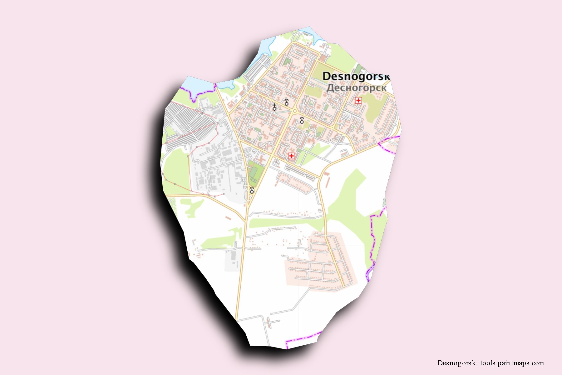 Desnogorsk neighborhoods and villages map with 3D shadow effect