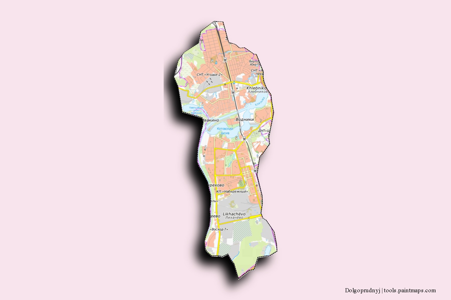 Dolgoprudnyj neighborhoods and villages map with 3D shadow effect