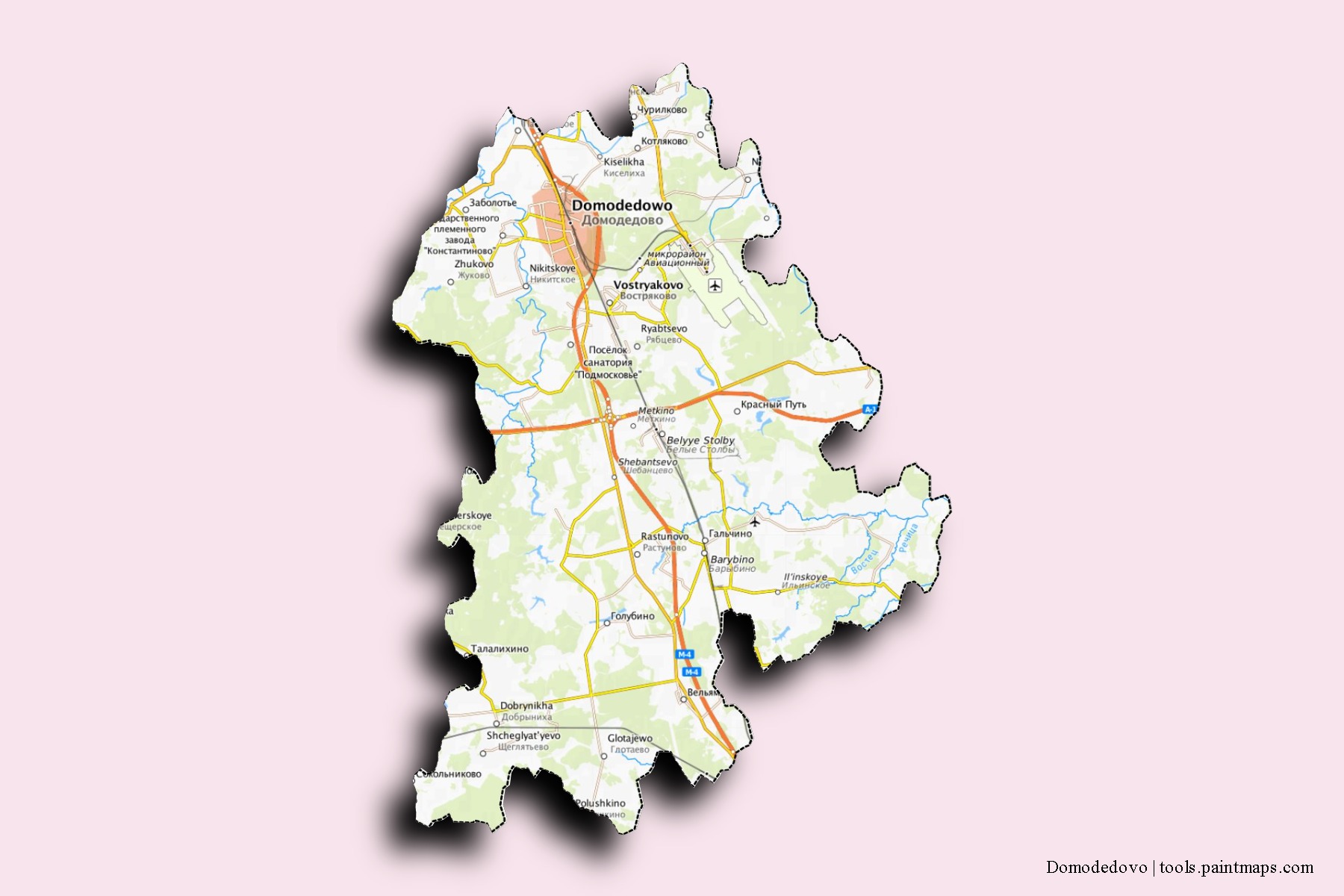 Mapa de barrios y pueblos de Domodedovo con efecto de sombra 3D