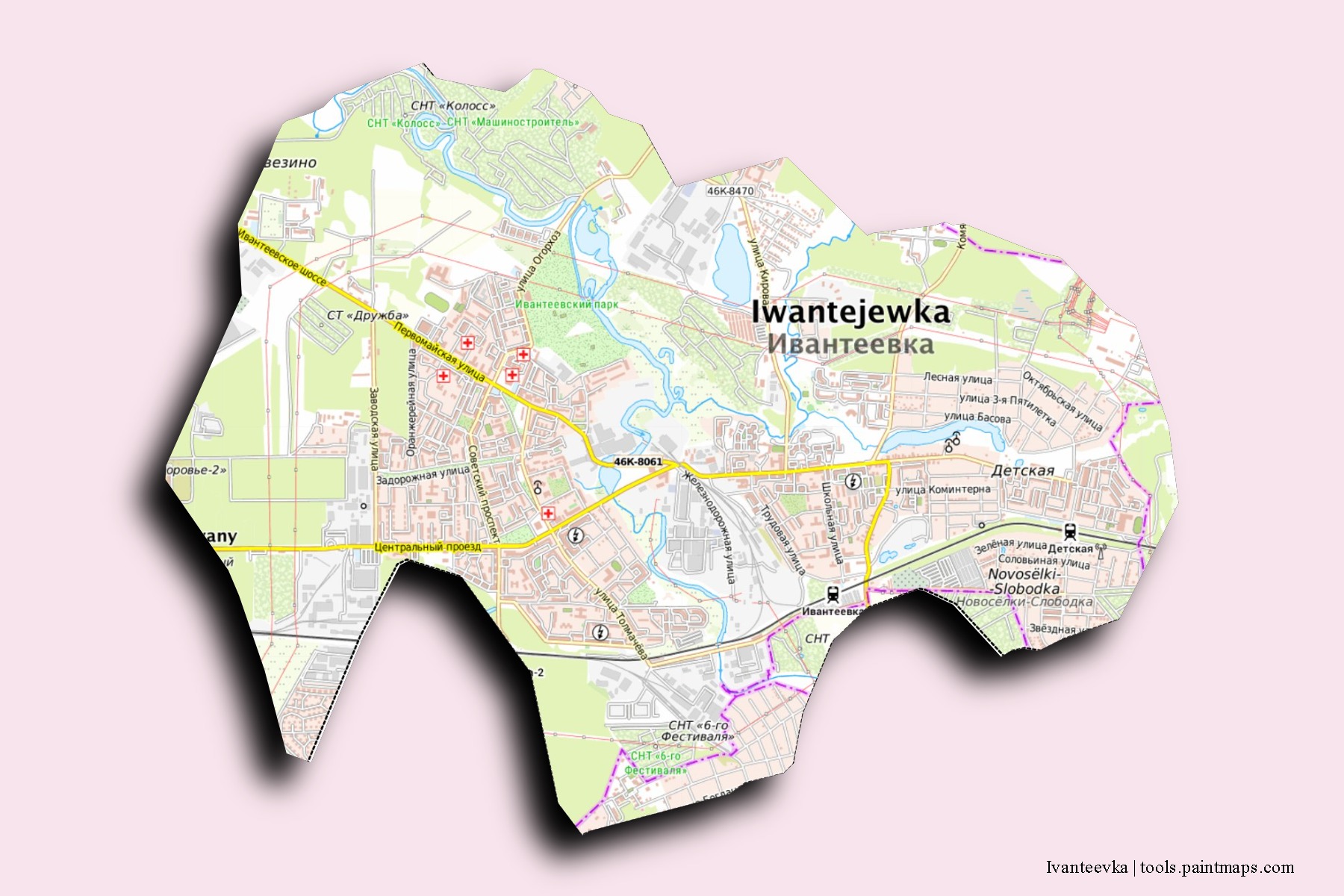 Mapa de barrios y pueblos de Ivanteevka con efecto de sombra 3D