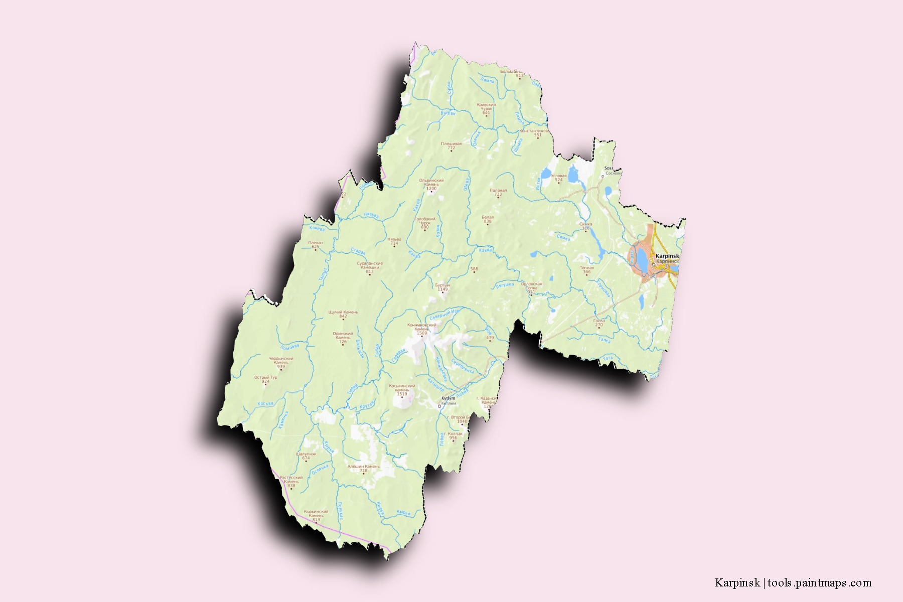 Mapa de barrios y pueblos de Karpinsk con efecto de sombra 3D